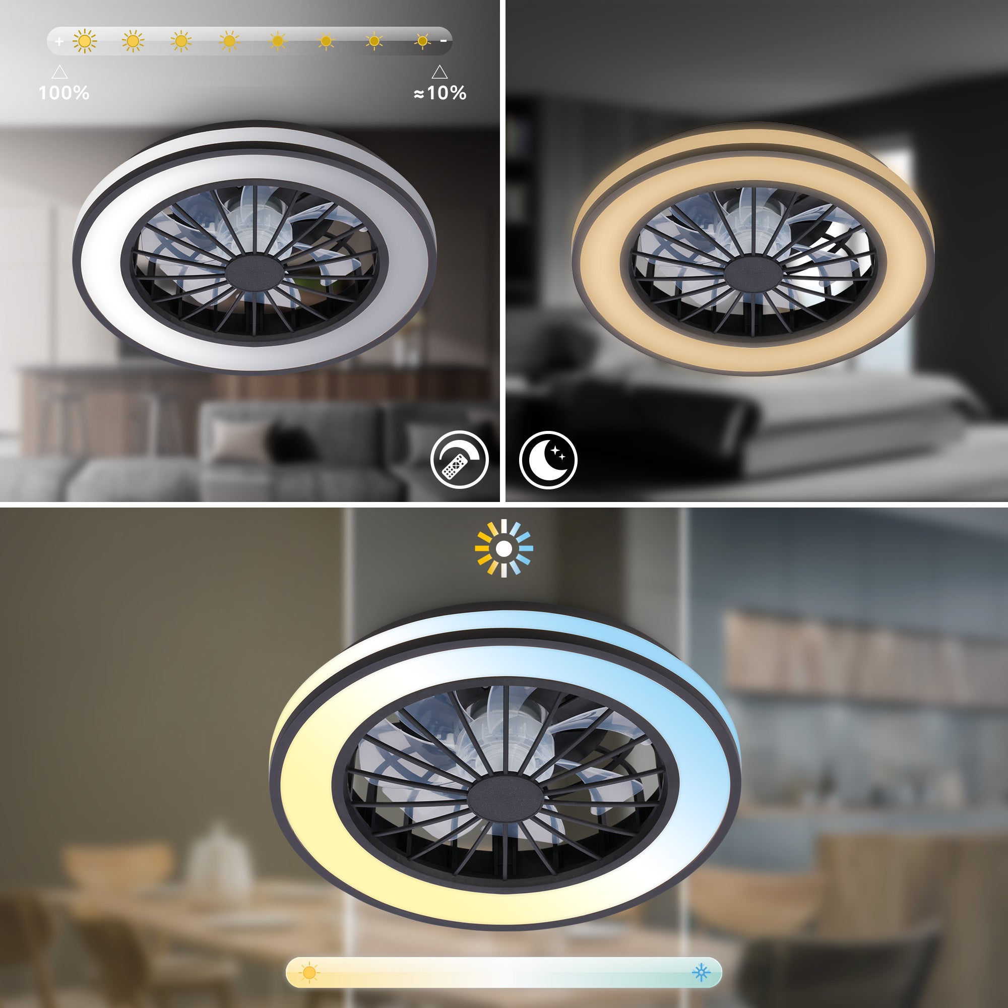 Plafonnier ventilateur LED CCT - Noir - 24W 2600lm - lustre ventilateur 15W - Ø380×140 mm - ventilateur plafond chambre - Briloner - 4