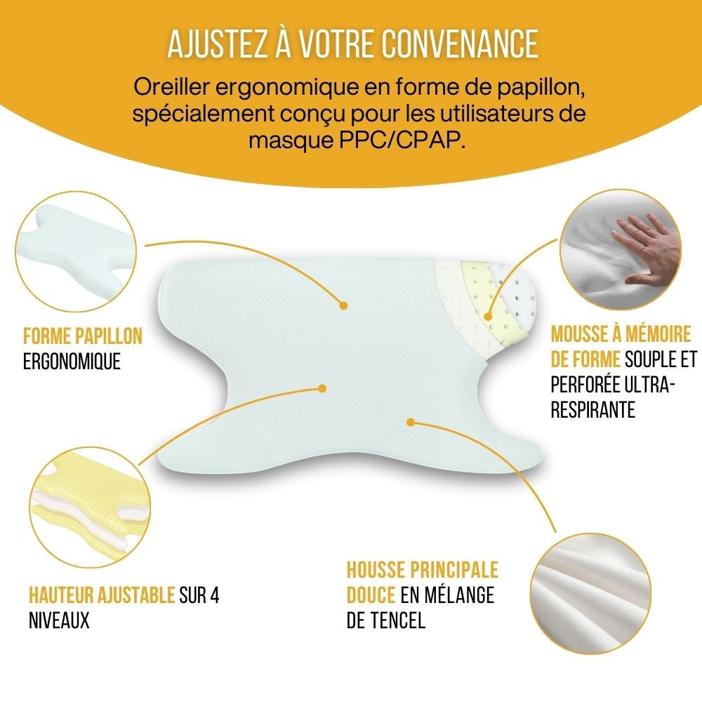 Oreiller PPC/CPAP papillon ergonomique mémoire de forme – découpes masque – sommeil latéral/dos – 56x36 – CPAP PAPILLON - 2