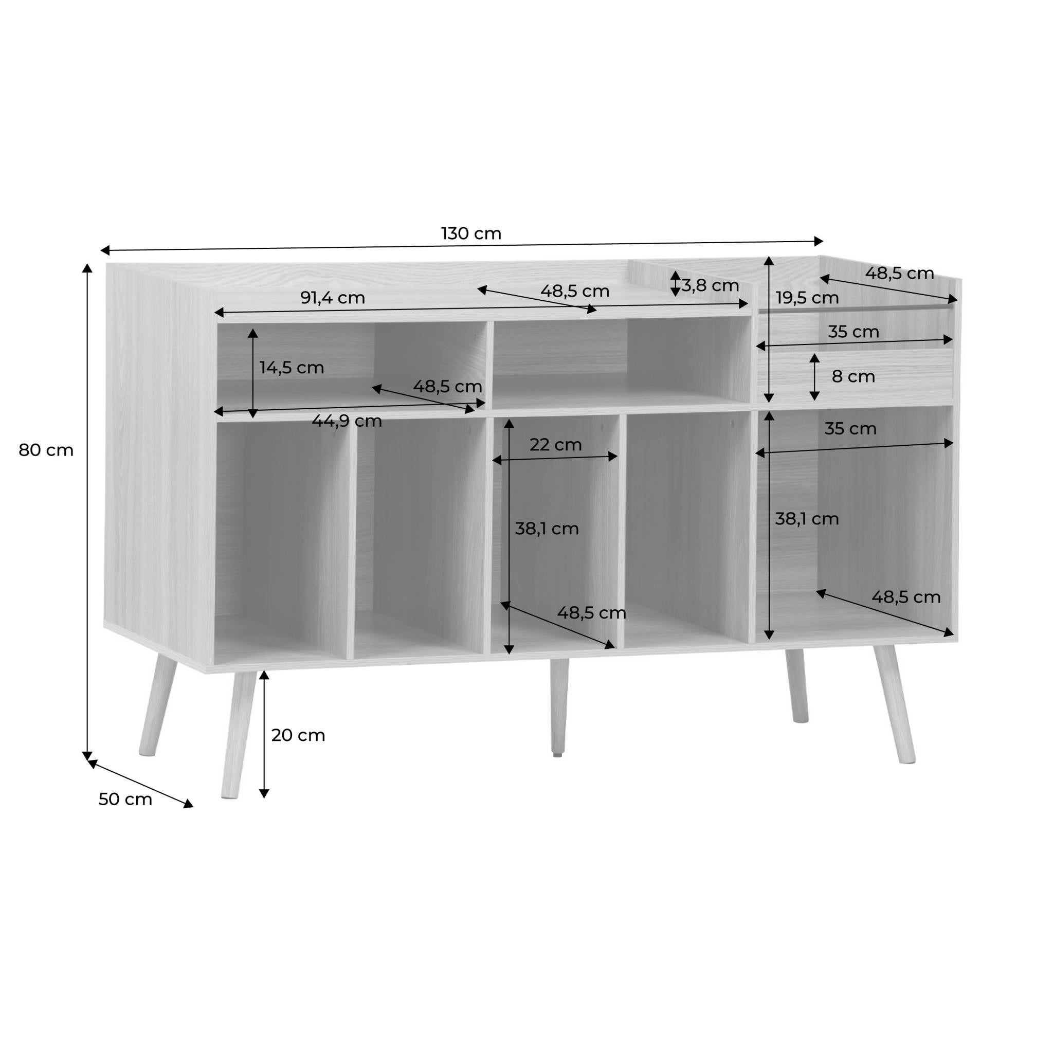 Mueble de vinilos XL estilo escandinavo, 130cm, Dune, Natural, 130x50x80 cm - 5