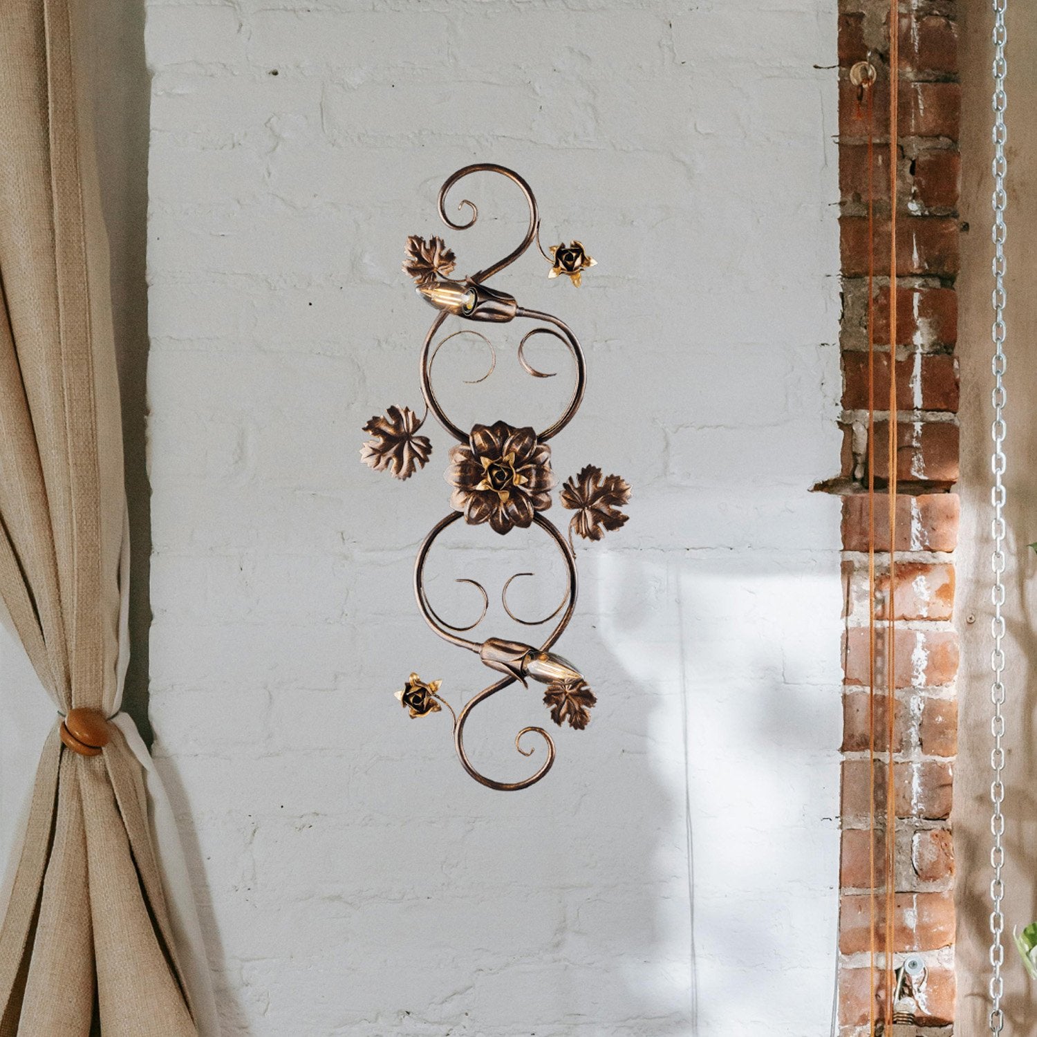 Iris Plafonnier en fer laqué marron décor or antique 2 lumières d.74 X 37 BL169-PL2-BR - 3