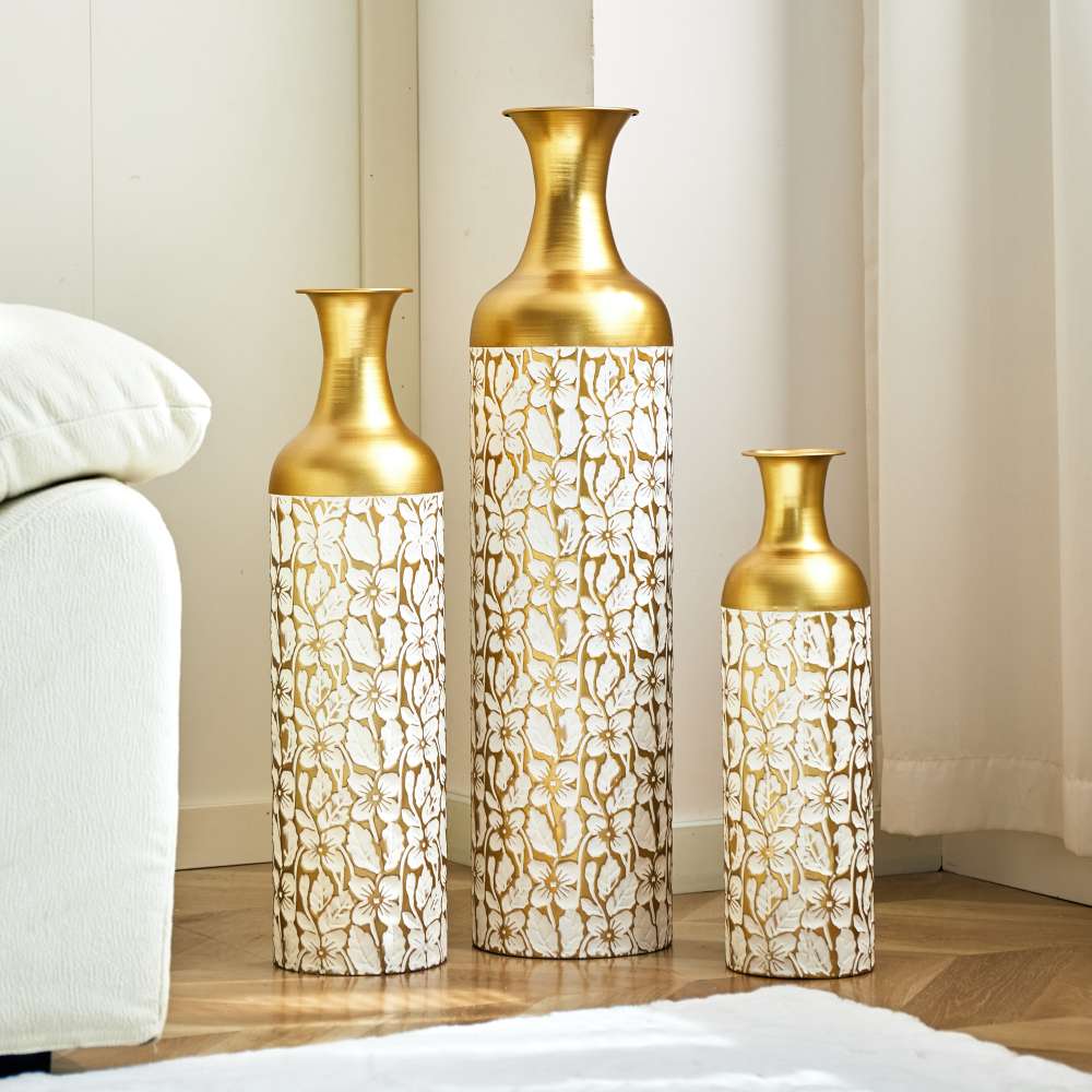 Set di 3 vasi da terra in metallo bianco dorato – Altezze 83/65/50 cm, grandi vasi retrò per soggiorno e camera, perfetti per fiori secchi e pampas - 9