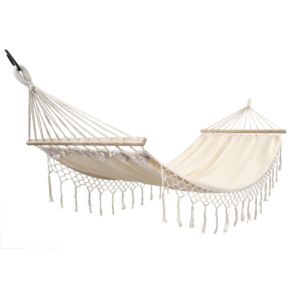 Hamak ogrodowy 2 osobowy 200x150 cm z drążkiem i frędzlami Miami ecru