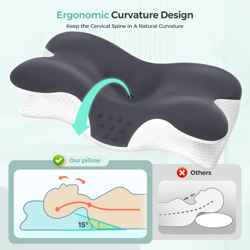 Almofada cervical para alívio da dor no pescoço, almofada anatómica de espuma viscoelástica, para dormir de lado, cinzento escuro | 1250 g - 3
