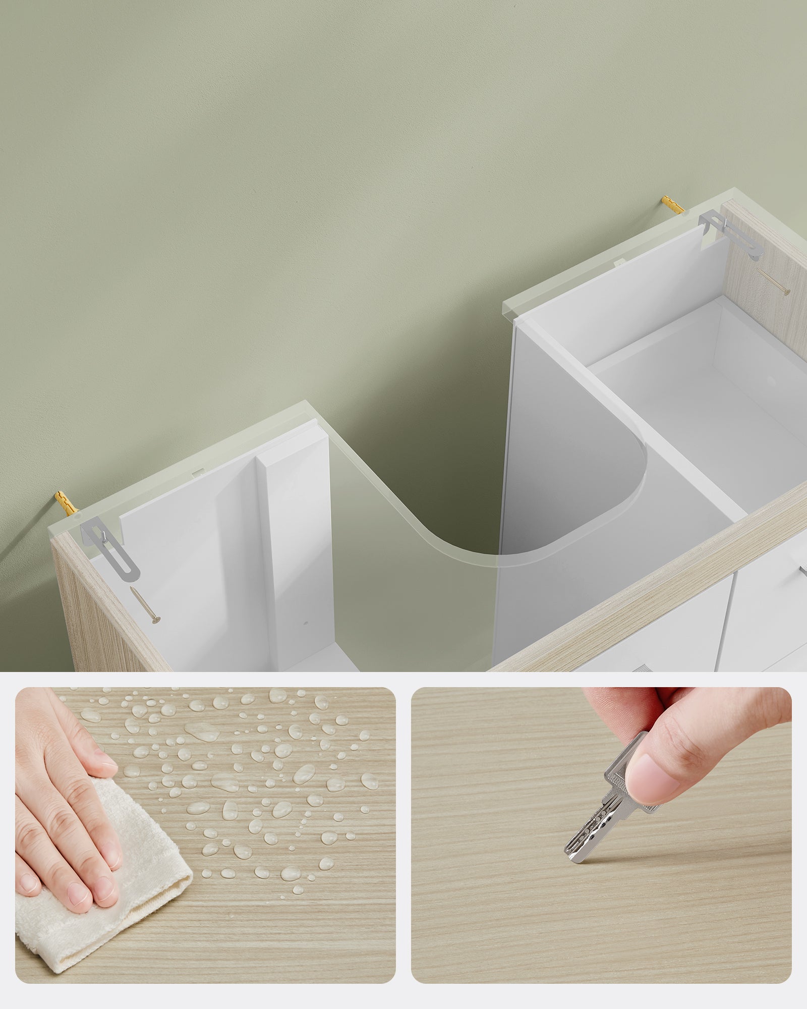 Meuble sous lavabo, 3 Tiroirs Latéraux, 2 Cases derrière la Porte, pour Lavabos sur Colonne, avec Pieds, 30 x 70 x 64 cm, Blanc et Beige Naturel - 6