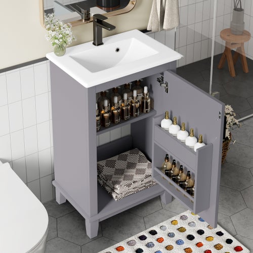 Meuble Salle De Bain Avec Vasque Céramique Intégrée - Dimensions 51x34x83 Cm, étagère Réglable, Design Moderne Blanc - 8