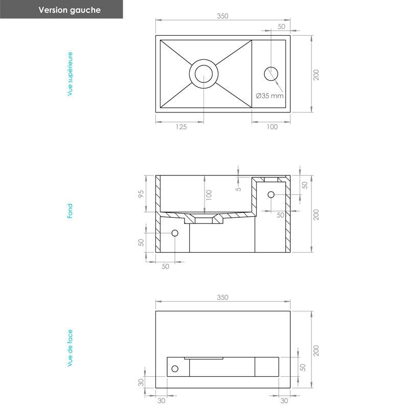 EASY 35 GAUCHE - Lave-mains suspendu en Solid Surface 35 x 20 x 20(h) cm - 4