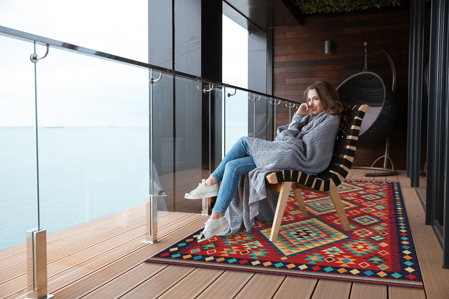 Tapis vinylique extérieur décoratif triangles rétro multicolores style vintage terrasse 100x50 – Tulup - 3