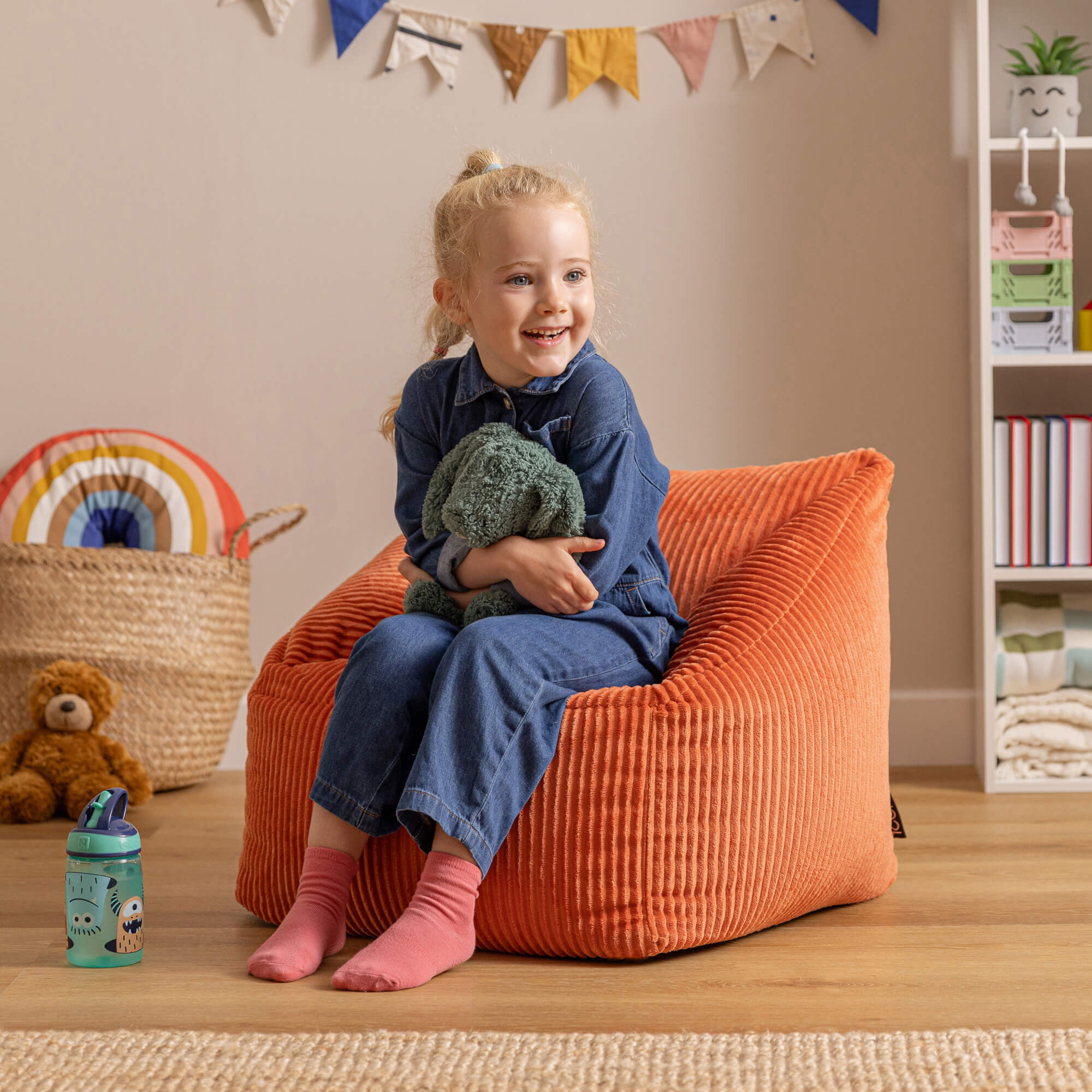 Lot de 2 poufs fauteuils enfant Icon velours côtelé orange terracotta, chambre, salon, 55x55xcm Oeko-Tex® - 3
