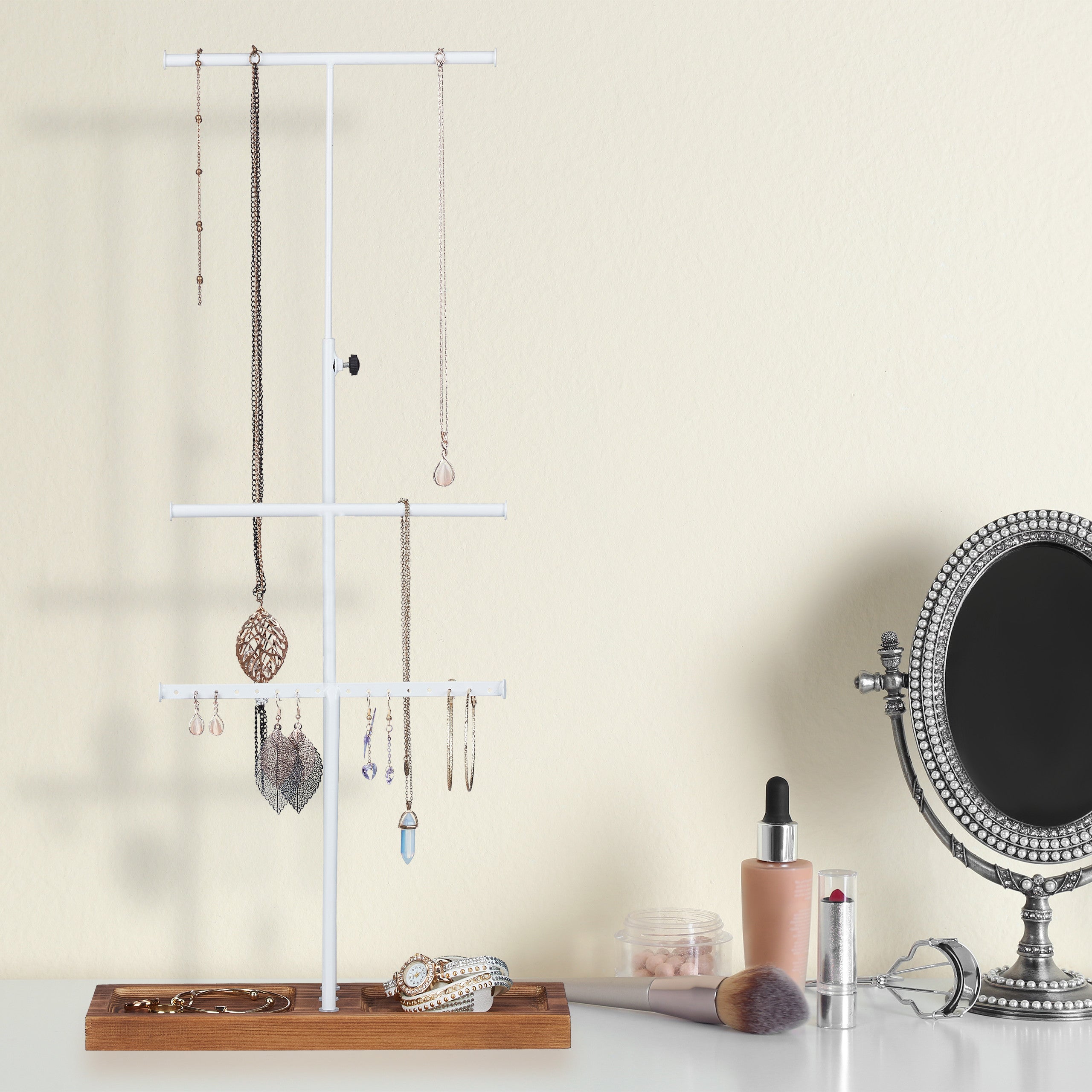 Présentoir à bijoux, 3 barres, forme de T, colliers, boucles d’oreilles & bracelets, bois & métal, blanc/brun, Relaxdays - 2