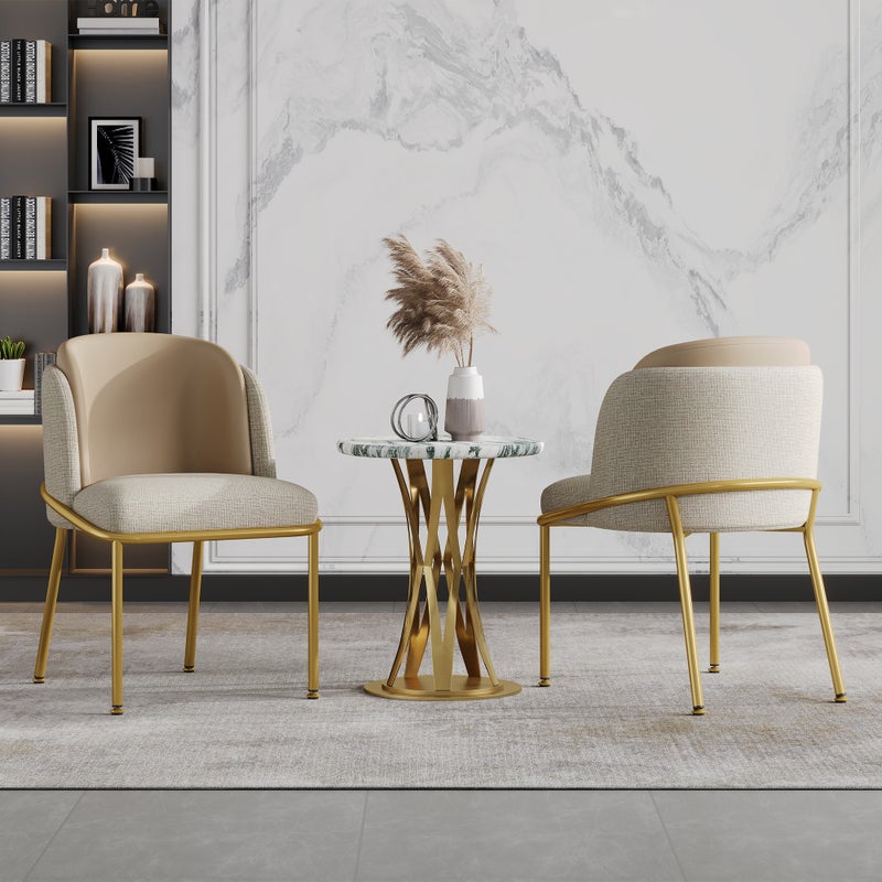 Komplet 2 krzeseł do jadalni z podłokietnikami - 55 x 55 x 85 cm - PVC, skóra ekologiczna i nogi metalowe w kolorze złotym - beżowy + khaki