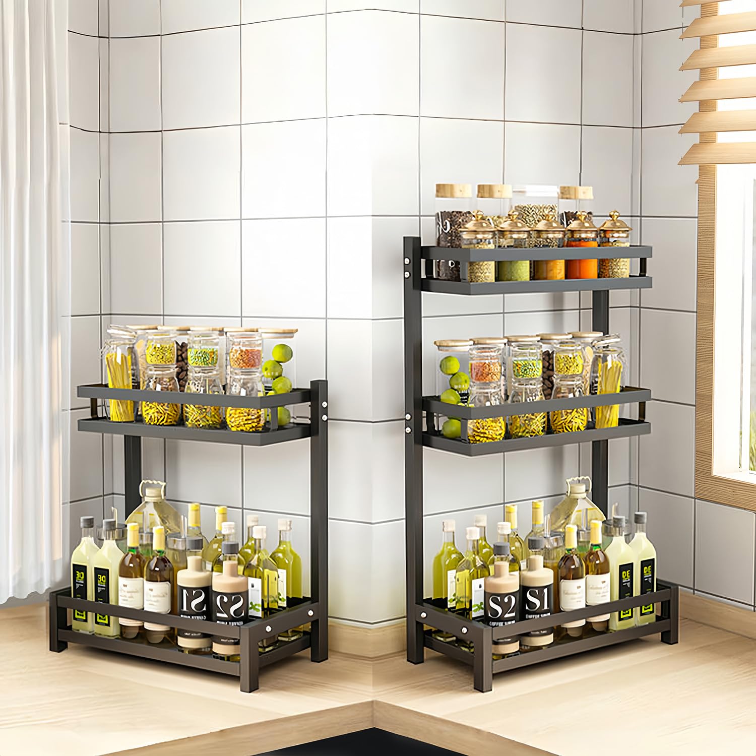 Étagère de rangement pour épices de cuisine, étagère simple à trois niveaux (hors porte-couteau), noire - 5