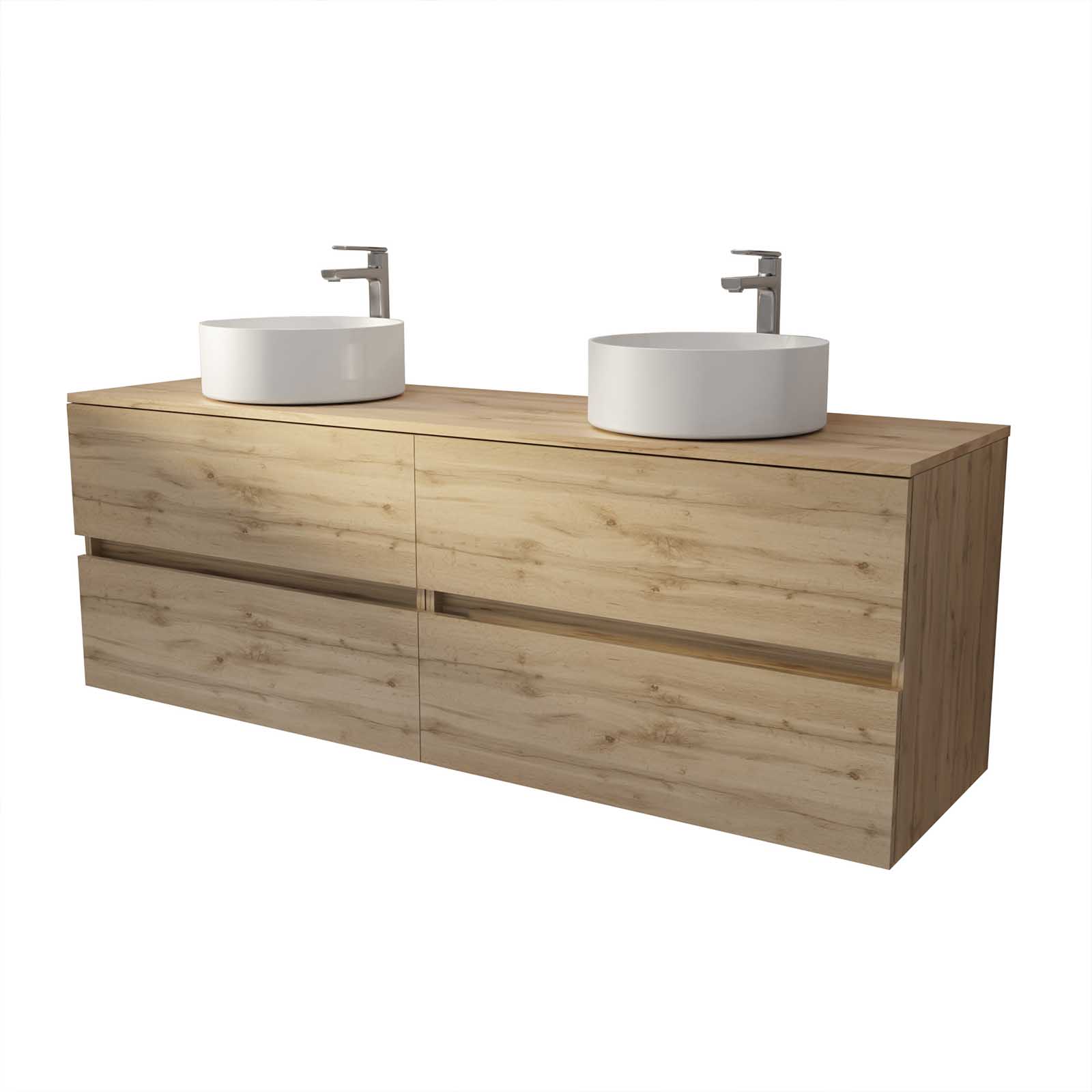 Meuble de salle de bains 160 TIMBER Décor Chêne - 4 Tiroirs - 2 Vasques Rondes Blanches - 3