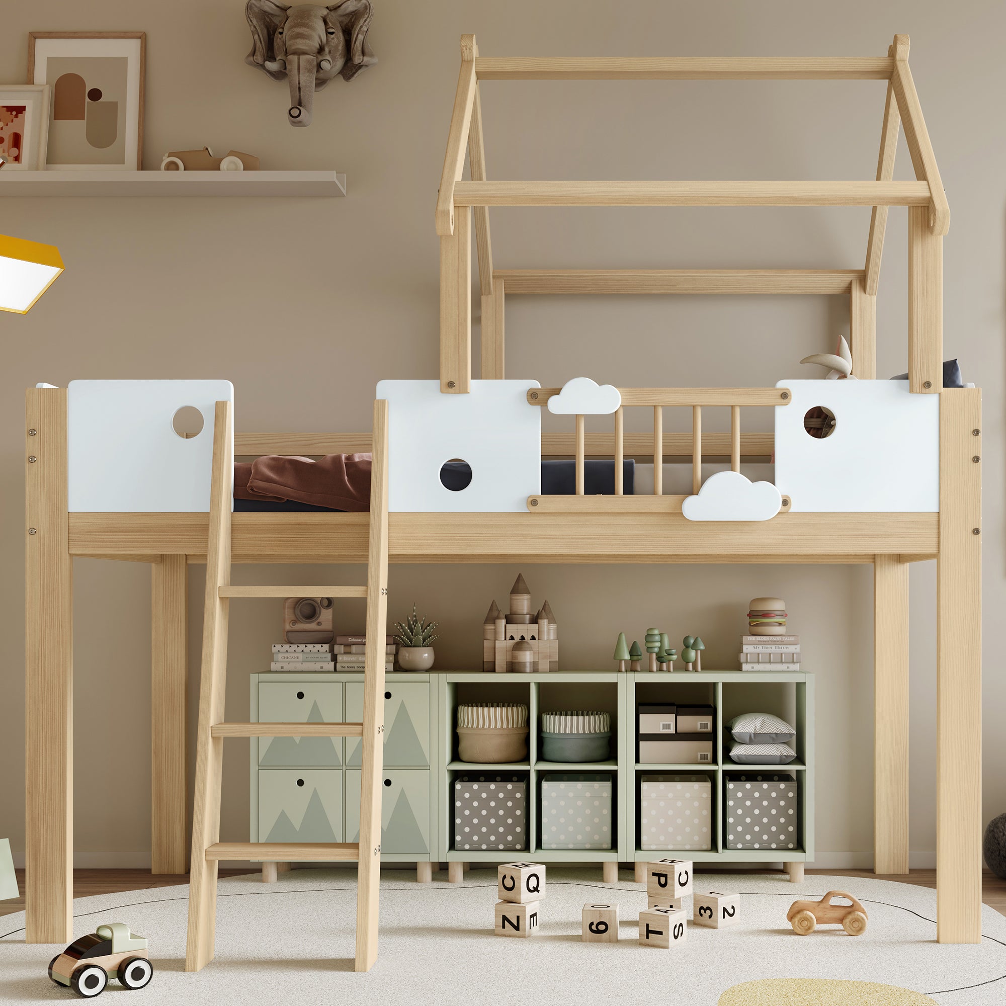 Łóżko piętrowe (90 x 200 cm) z daszkiem i szynami zabezpieczającymi – sosna + MDF + sklejka – naturalny + biały (bez materaca)