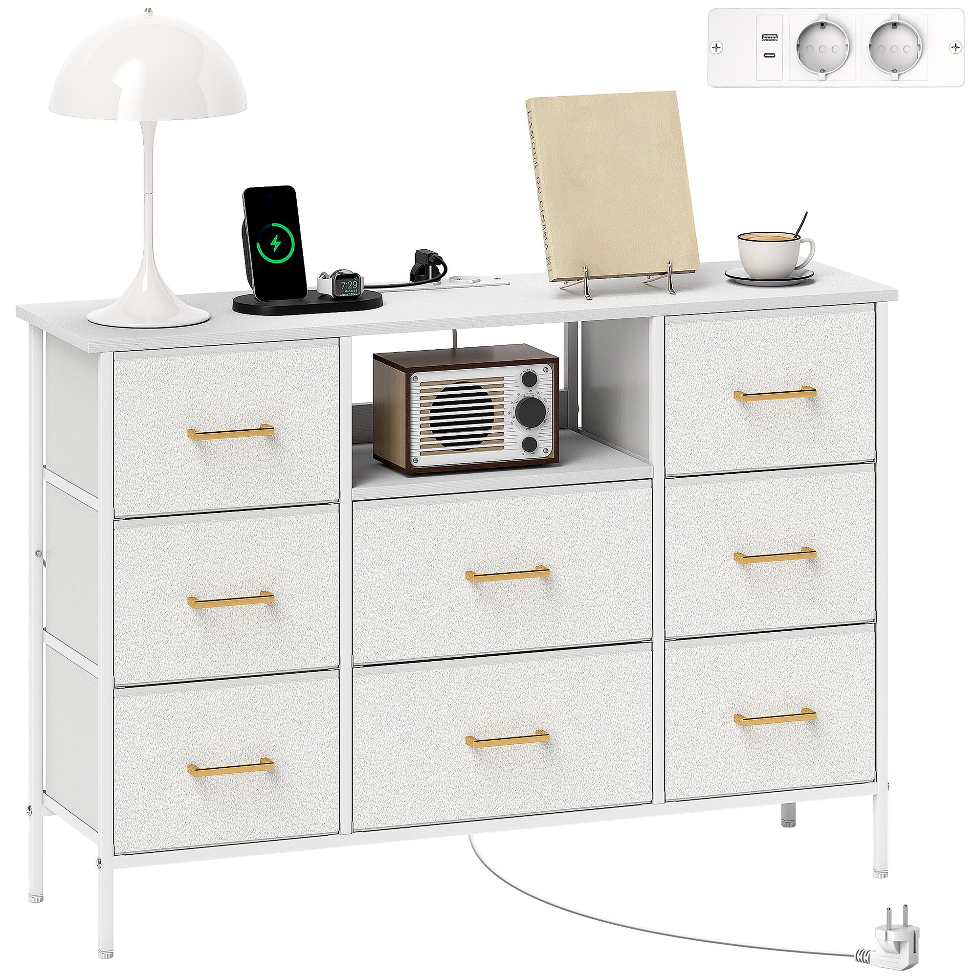 Cómoda homcom, un armario de almacenamiento con 8 cajones de tela, regla, estructura de acero, color blanco crema.