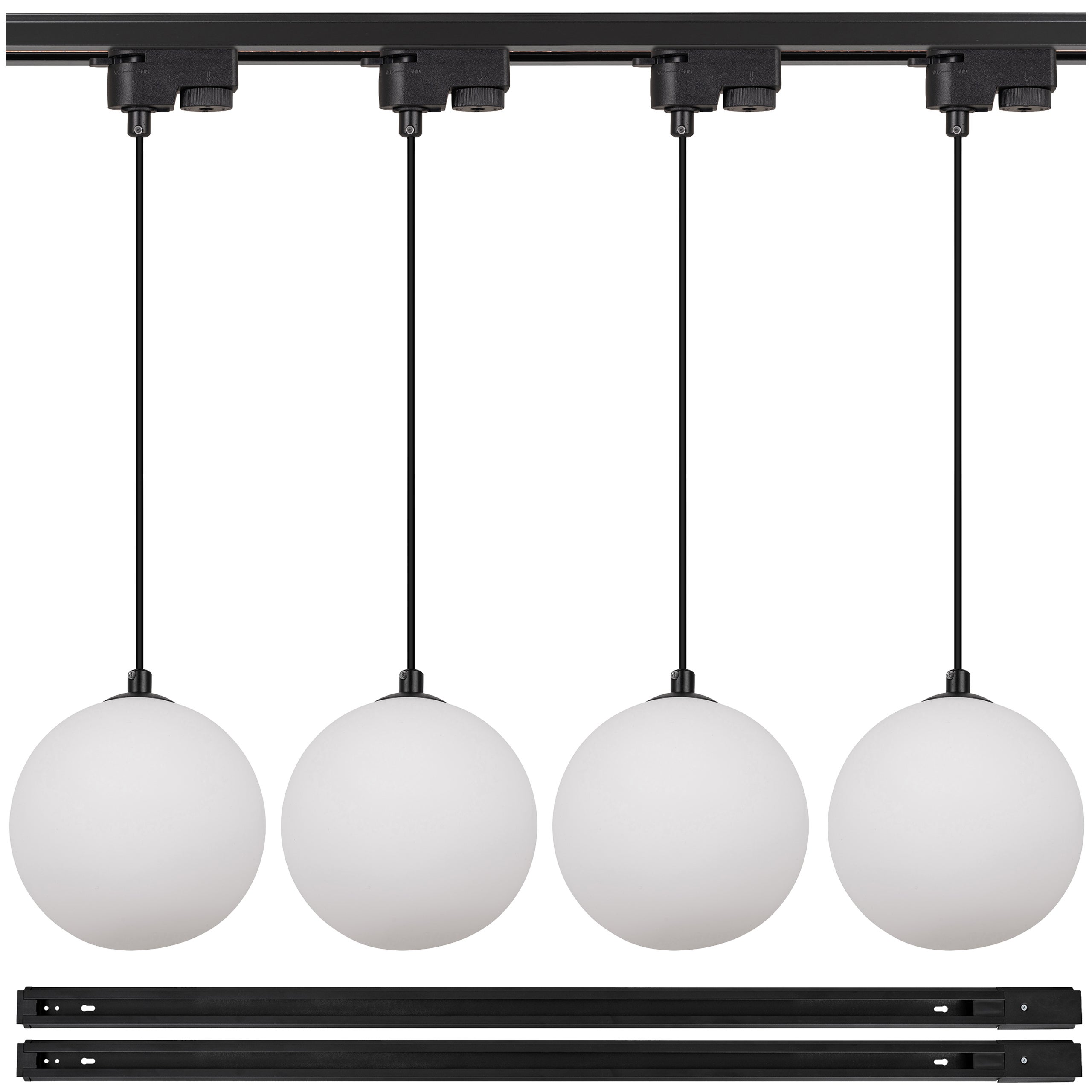 Lampa szynowa wisząca 4x BIAŁA KULA klosz mleczny G9 + 2x szynoprzewód 1m Oprawa szklana OZDOBNA z kablem - LEDHOFF