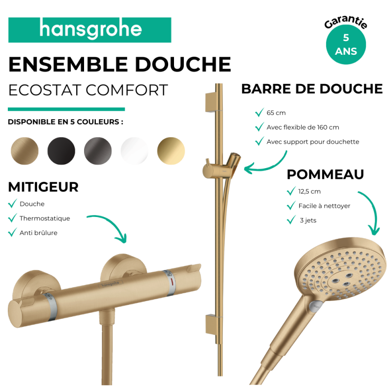 Pack mitigeur douche thermostatique HANSGROHE Ecostat Comfort + Barre Unica + flexible + Pommeau Raindance 3 jets bronze brossé - 3