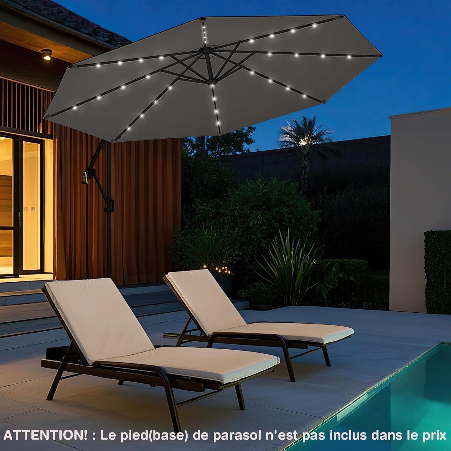 Parasol Déporté 3M avec 32 LED Solaires, Parasol de Jardin 8 Baleines avec Tissu Protection Solaire, Parasol Inclinable Rotatif à 360° (Gris) - 9