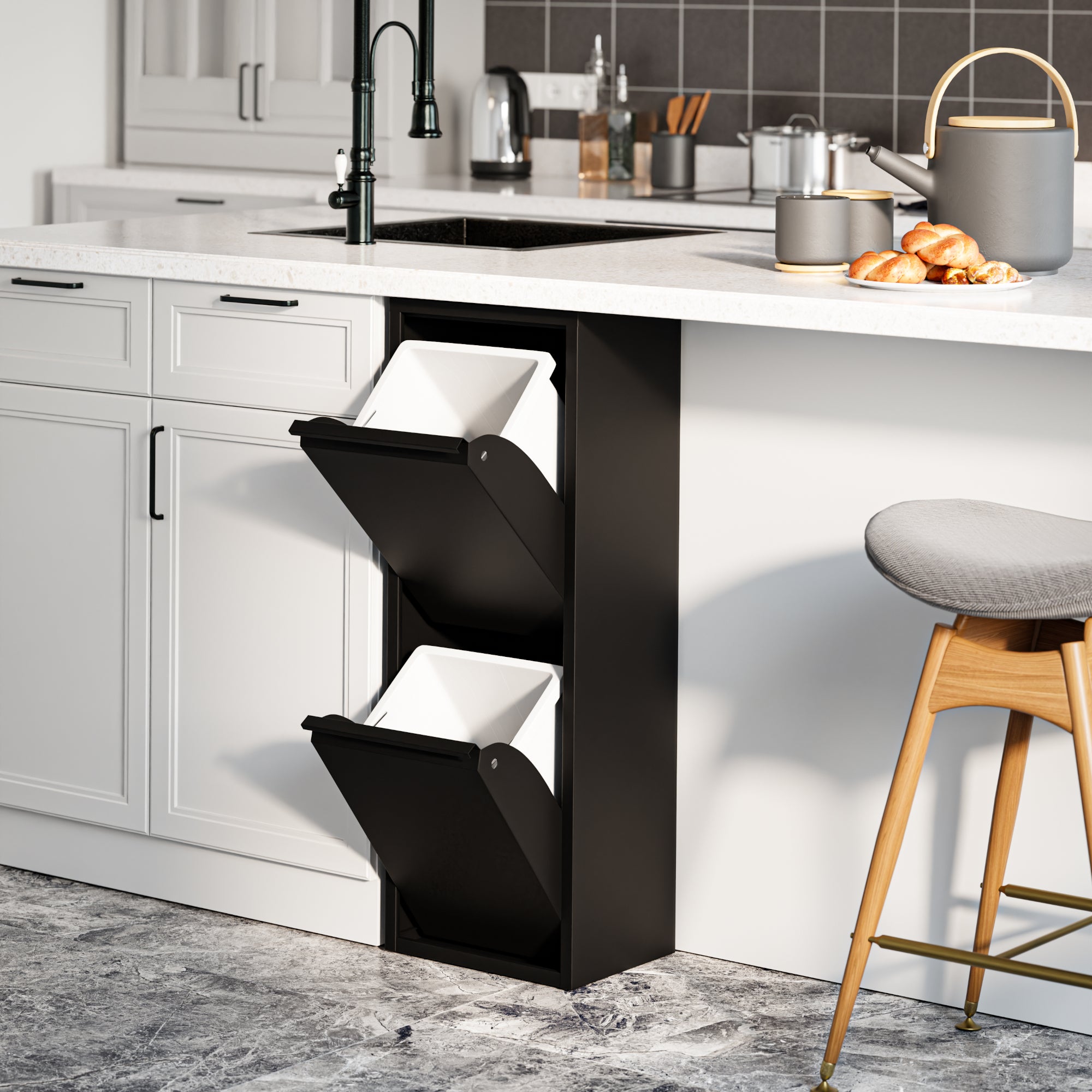 Mueble con 2 cubos de basura sollentuna de 28 l metal plástico 93 x 33 x 25 cm negro [en.casa]