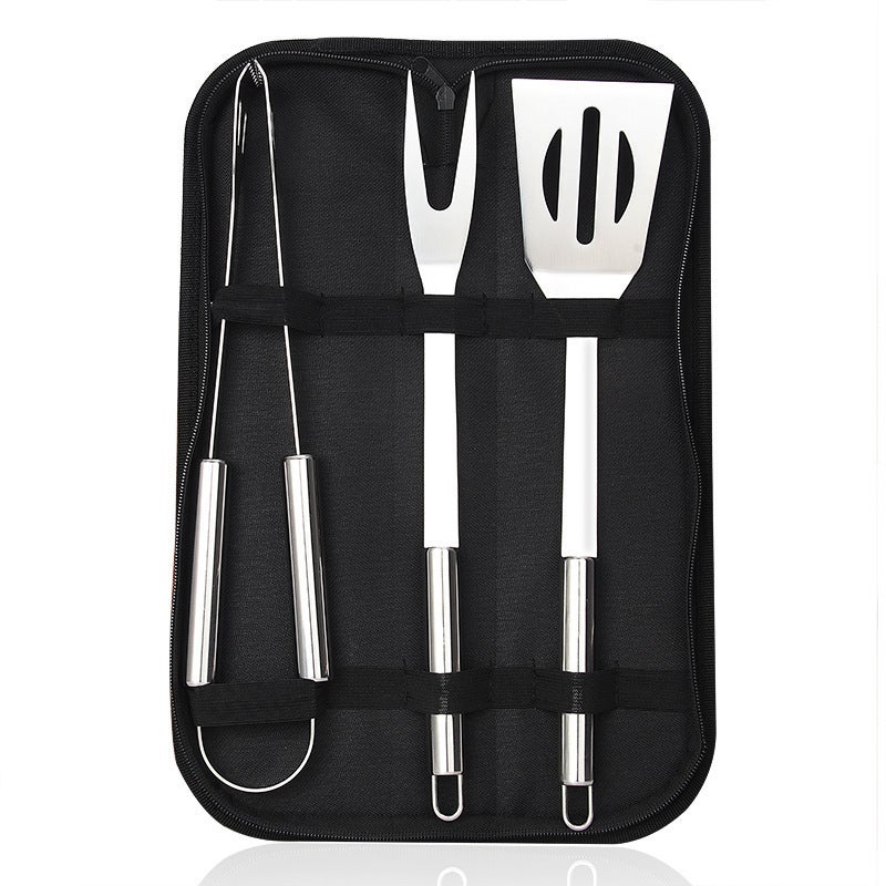 3-częściowy zestaw do grillowania ze stali nierdzewnej z torbą transportową, zawierający łopatkę, szczypce i widelec, idealny na zewnątrz i na kemping