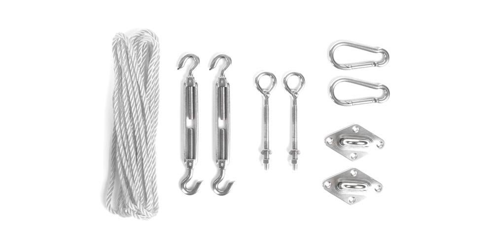 Perel Kit de fixation, 2 tendeurs, 2 pitons à visser, 2 pontets sur platine, 2 mousquetons, corde en nylon - 4