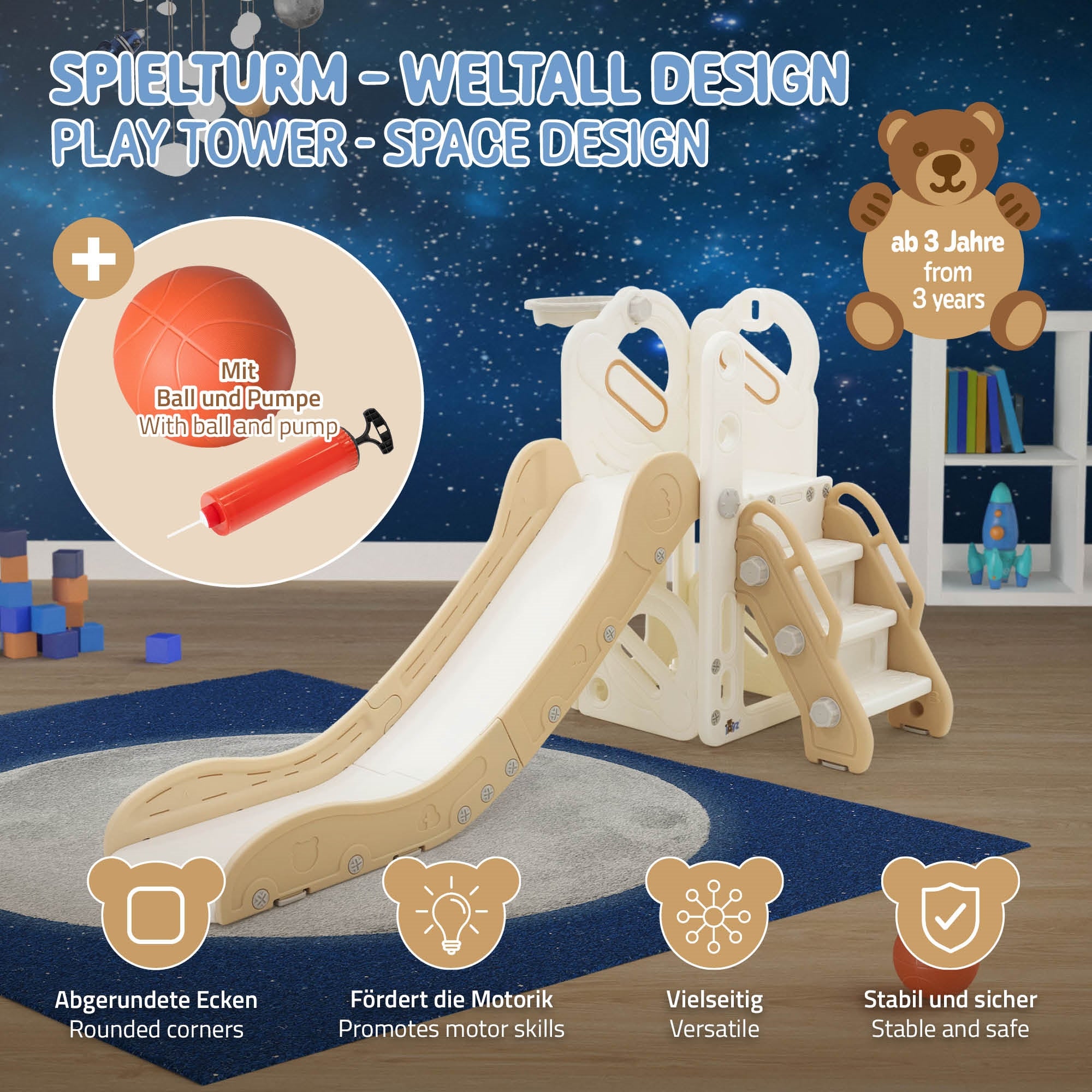 Toboggan pour enfants avec panier de basket-ball en plastique HDPE/PP blanc/beige/gris ballon et pompe à air inclus convient à partir de 3 ans - 2