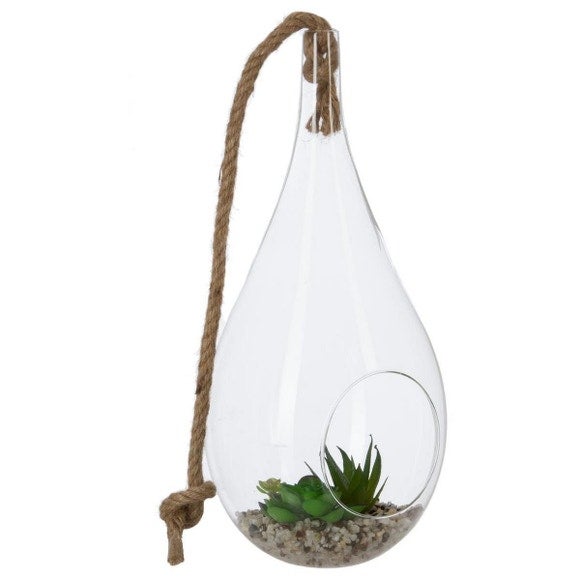 Jarrão de vidro suspenso com planta decorativa 10x19,5cm