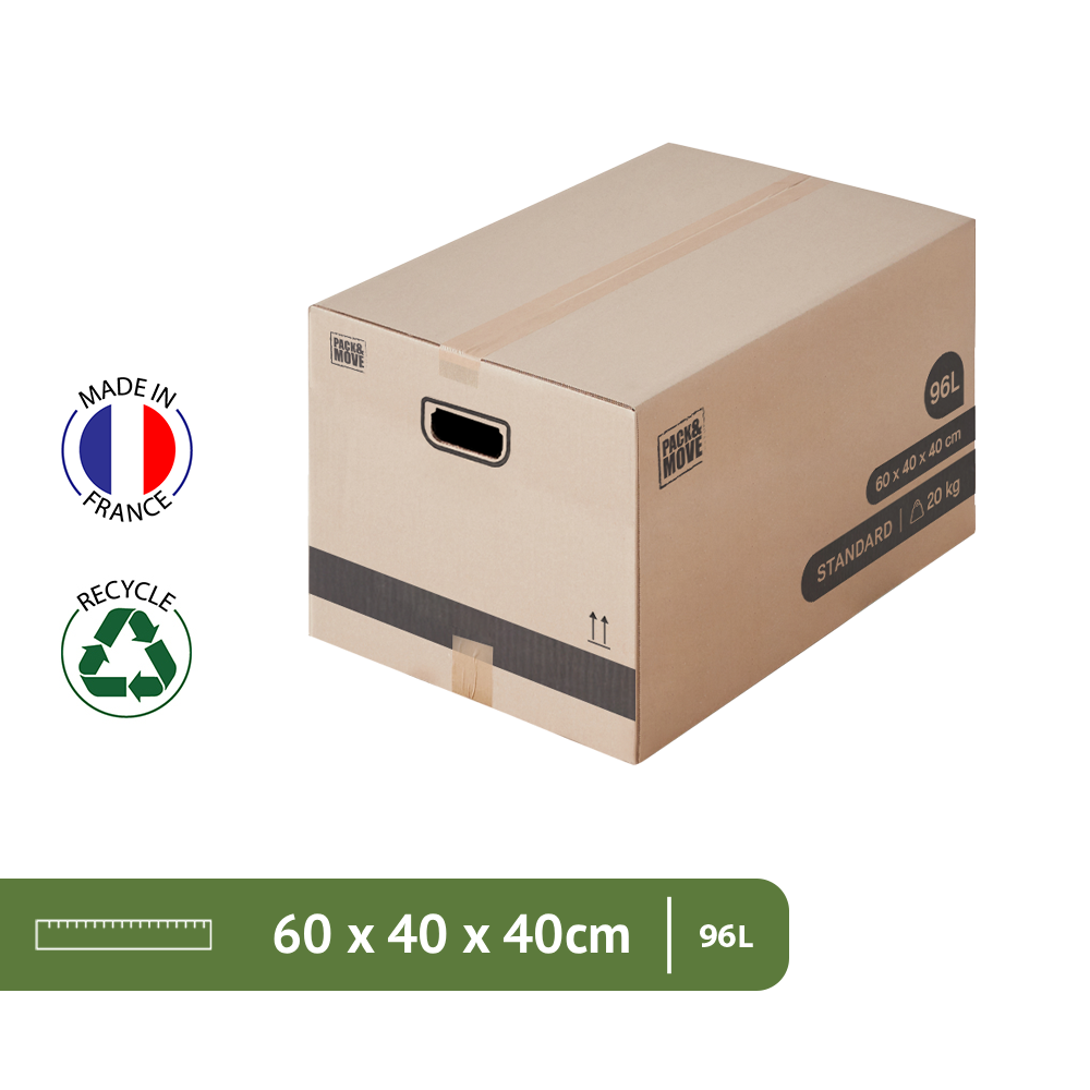 Pack and Move - Lot 40 cartons déménagement L larges - 40 x 60 x 40 cm - Poignées renforcées - 2 adhésifs offerts - 2