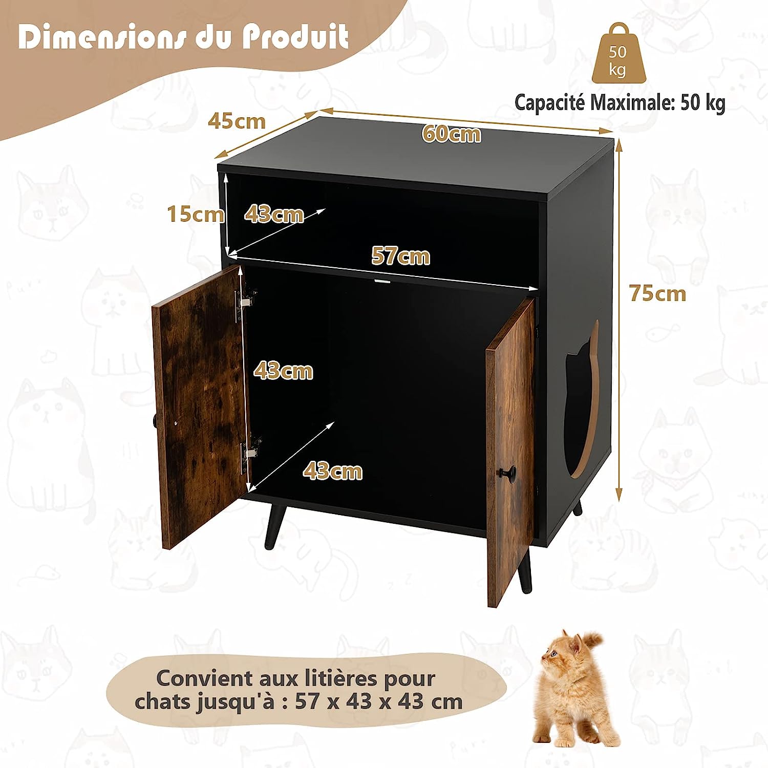 Casa de banho para gatos com portas duplas e 2 prateleiras,60x 45 x 75cm - 5