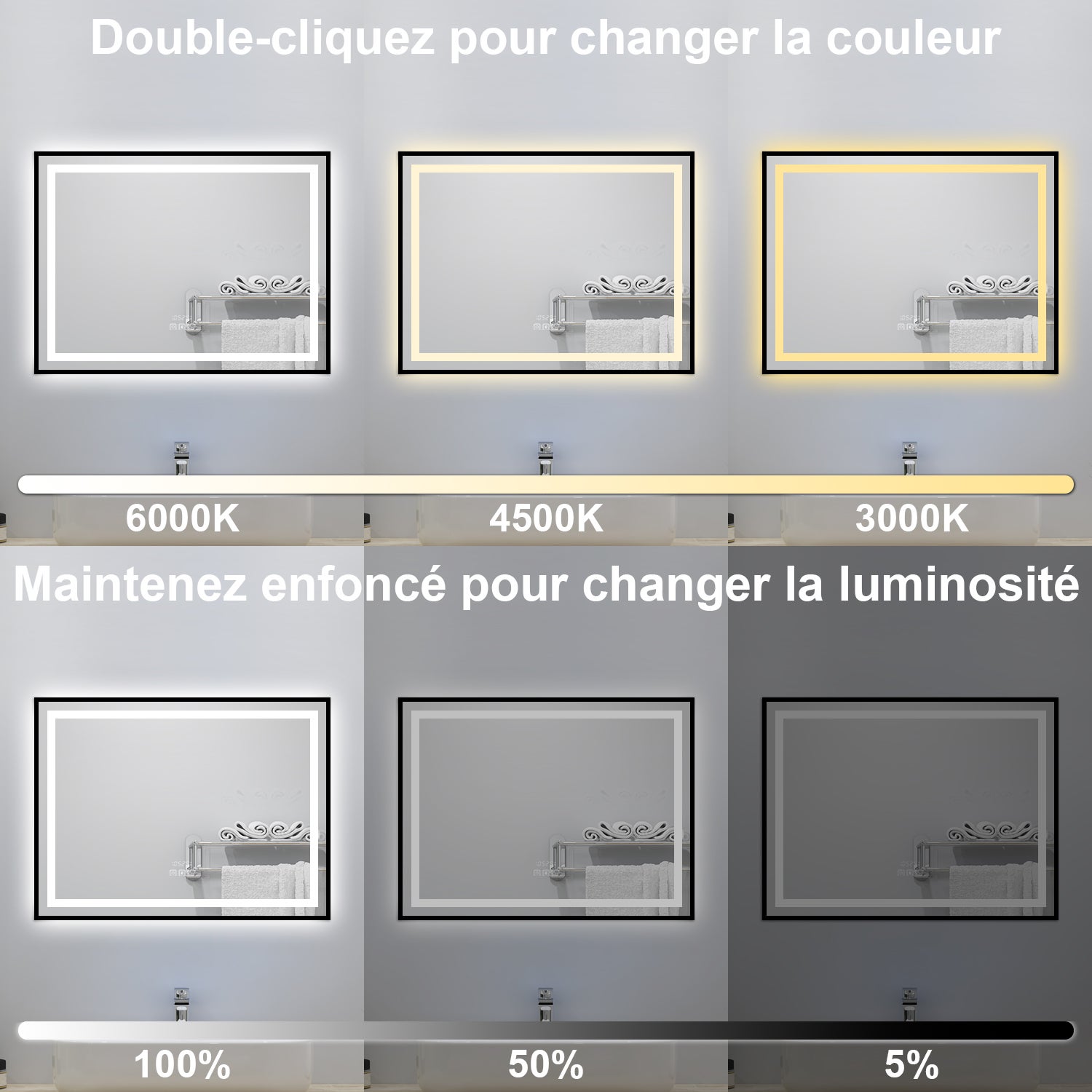 Miroir lumineux de salle de bain avec Bluetooth 120x80cm, Horloge + 3 Couleurs + Dimmable + Anti-Buée, Noir Cadre Non-Métallique - 4