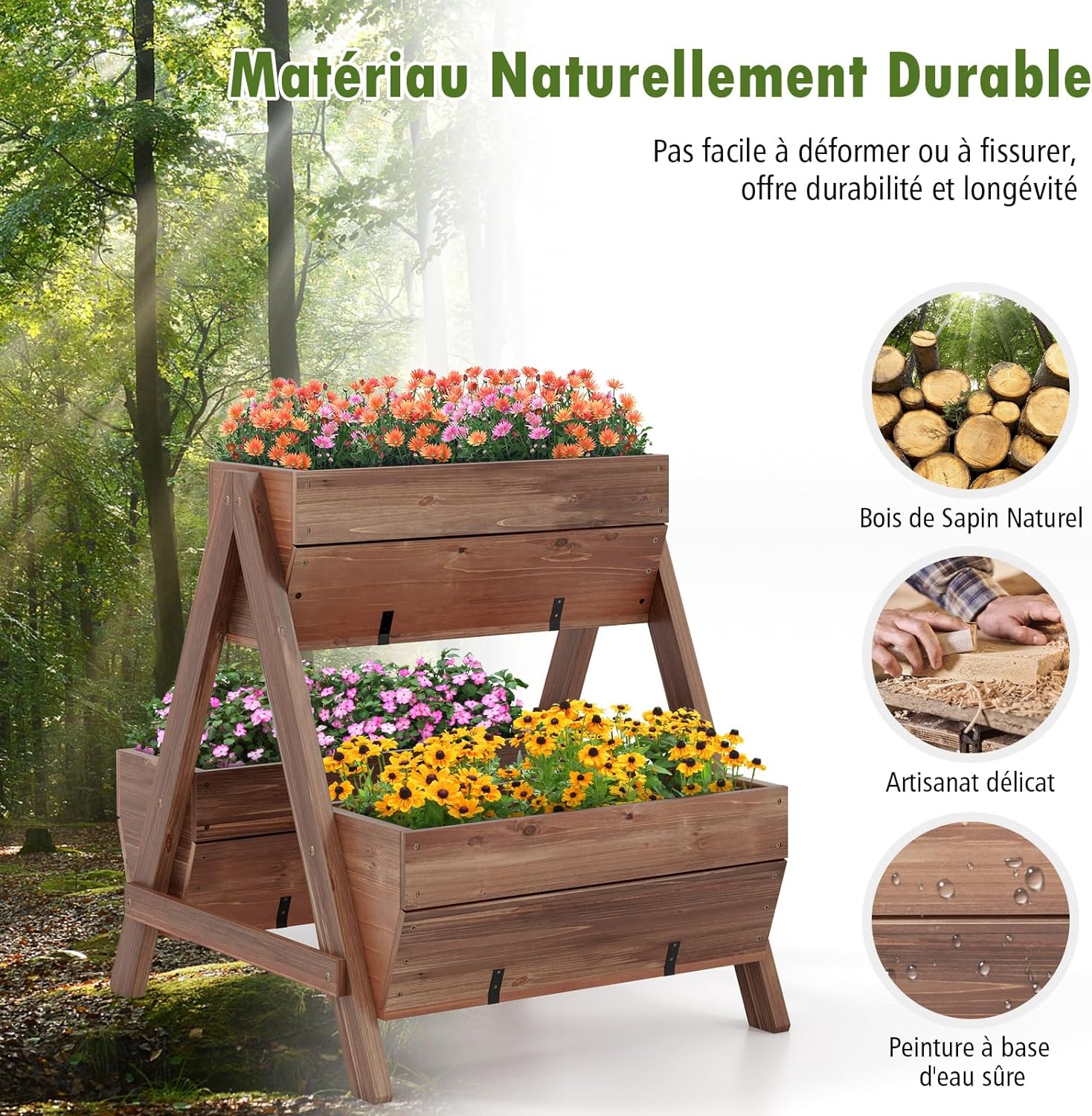 Letto da Giardino Rialzato Verticale con 3 Fioriere in Legno e Fori di Drenaggio, Fioriera a Scala per Frutta, Verdura e Fiore, Aiuola per Int - 5