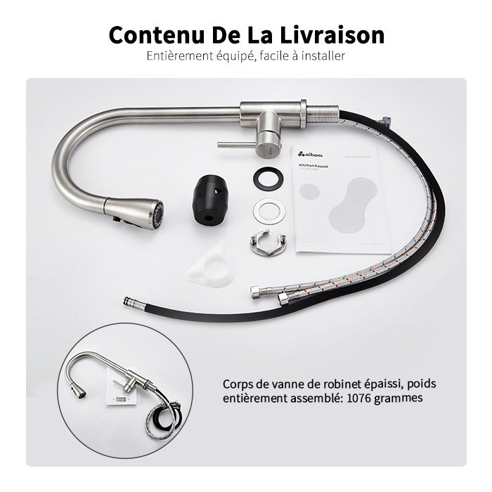 Robinet de Cuisine avec Douchette Extractible Mitigeur de Cuisine Brossé en Acier Inox Robinet d'évier pour Cuisine Rotatif à 360° avec 3 Modes - 8