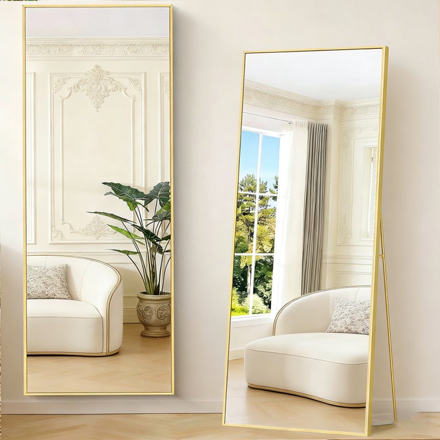 Miroir pleine longueur de 164 x54 cm - Grand Miroir minimaliste moderne sur pied, Cadre en Aluminium, à suspendre ou à poser, pour salon, doré
