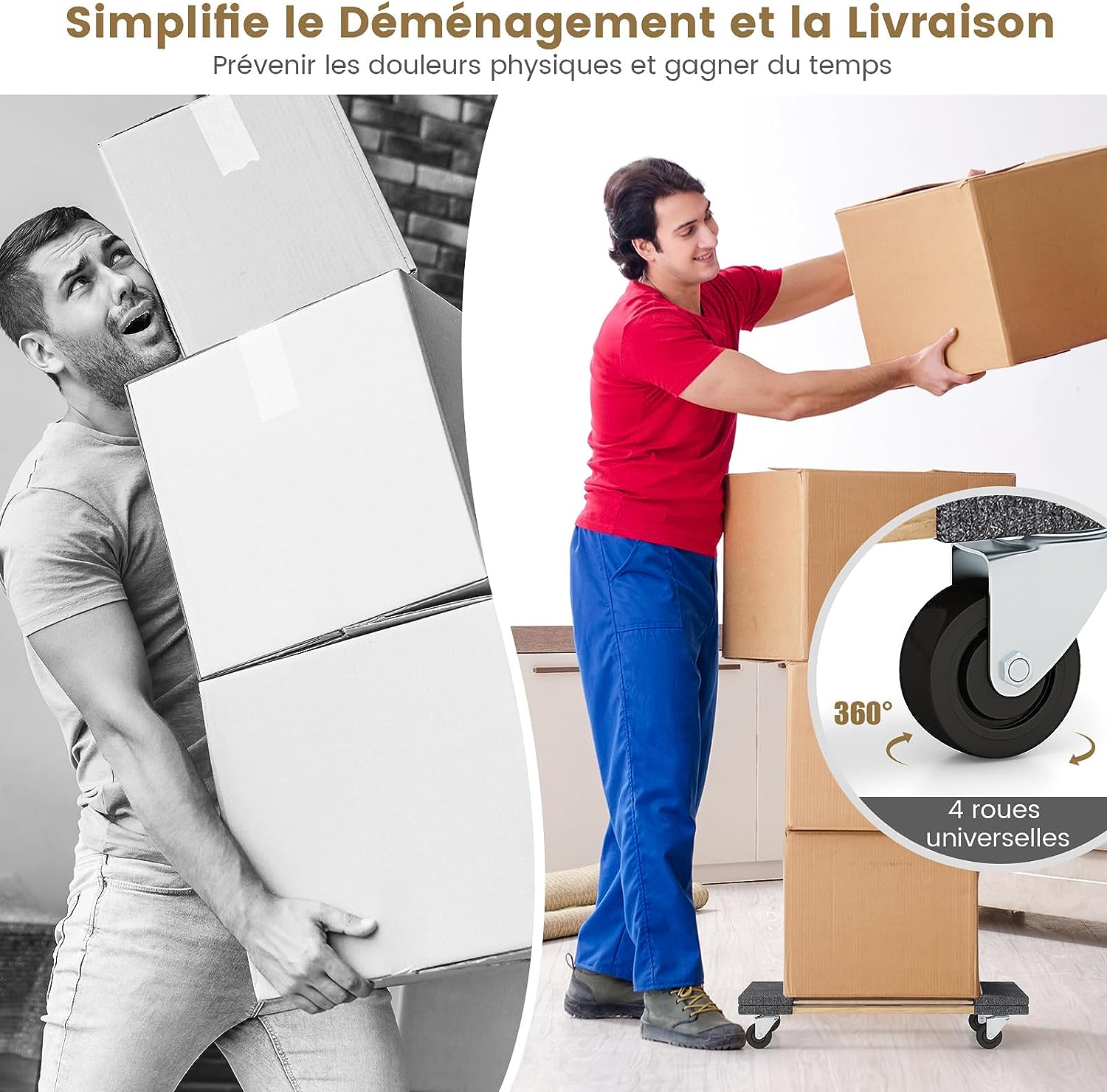 Base con Ruote in Legno di Acacia, Carrello a Pianale con Maniglia per Trasporto, concon Capacità di Carico di 450 kg, 77 x 47 cm - 3