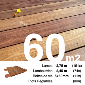 Kit terrasse bois exotique CUMARU pour 60 m² • Lames 2,75 m, lambourdes 2,75 m et visserie Inox • Livraison gratuite