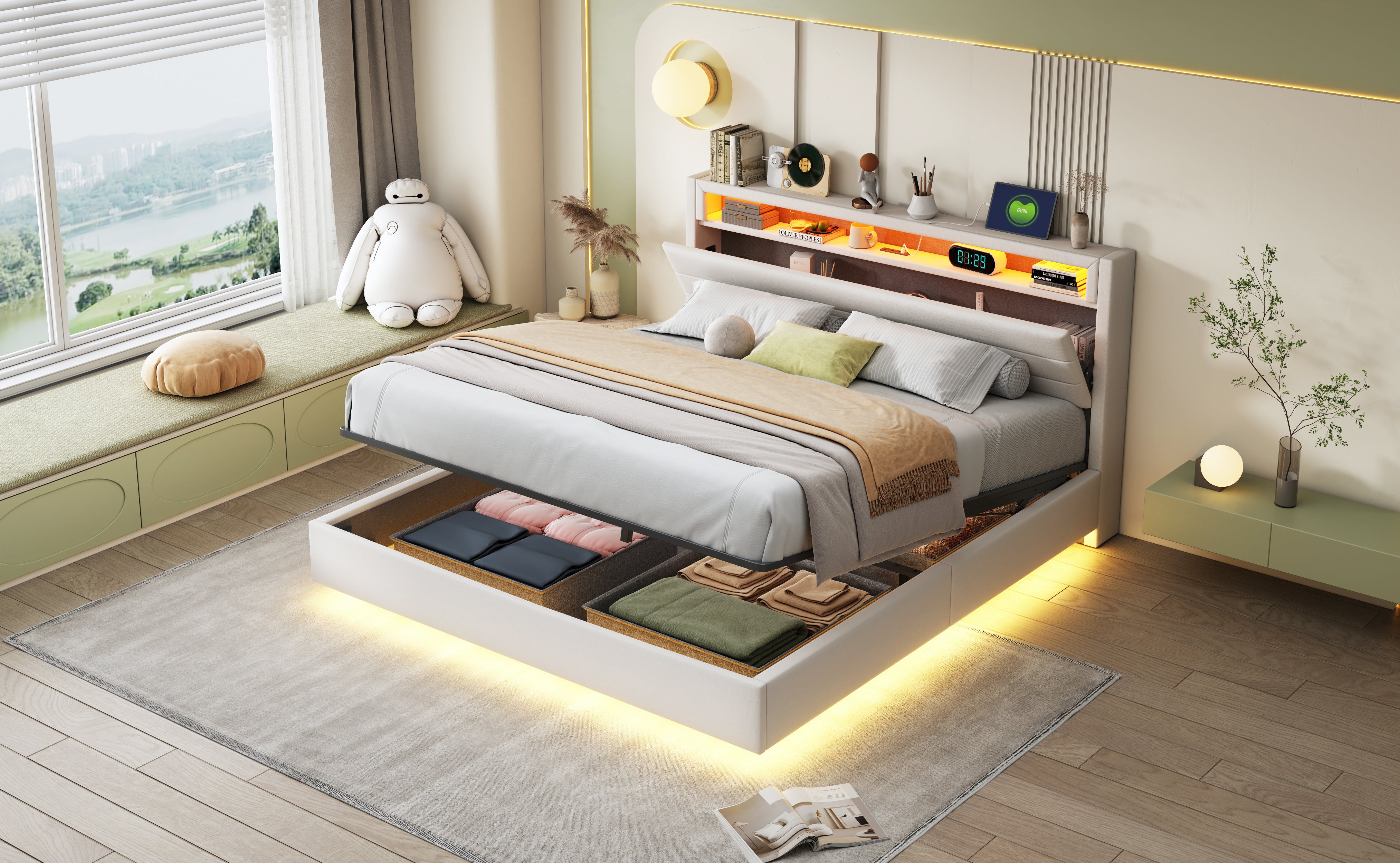 Lit coffre 160 x 200 cm avec tête de lit coffre et compartiments - LEDs et prise USB - Tissu en lin - Beige - 9