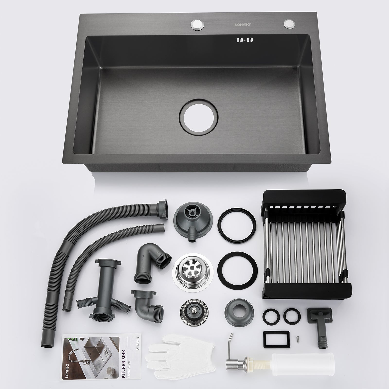 Lonheo Max Évier Cuisine 1 Bac 68x45x19CM Évier à Encastrer en Acier Inox 201 avec Distrubuteur de savon et Égouttoir panier, Noir,EU Modèle - 5