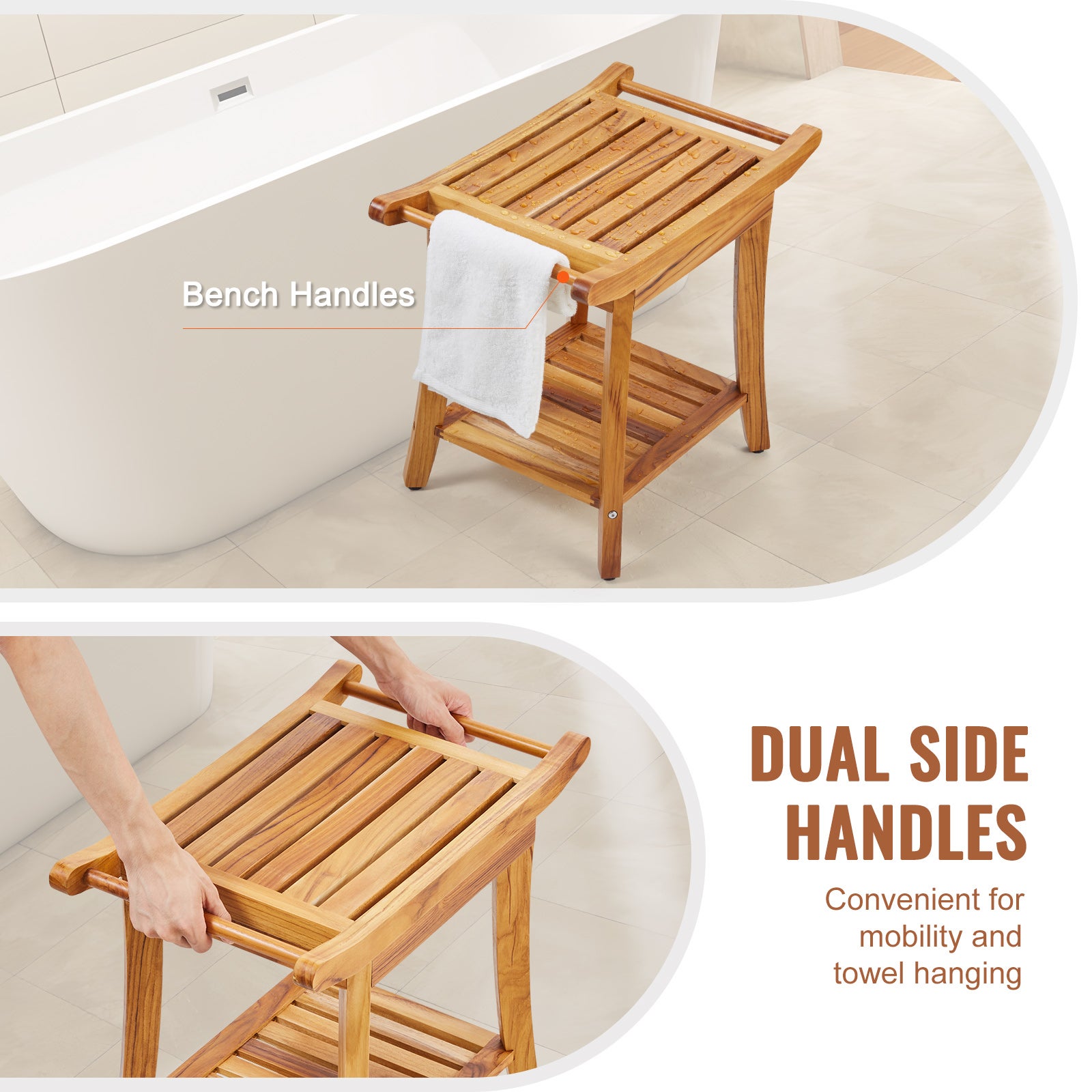 Tabouret douche en teck,VEVOR 560x365x470 mm,tabouret douche étanche avec poignées rangement,pieds antidérapants,300 lb,adapté à la salle de bain - 5
