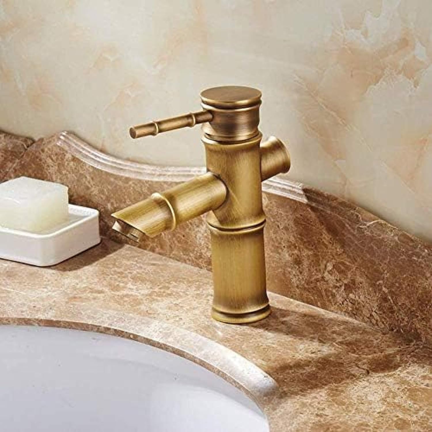 Antyczna bateria łazienkowa z bambusa, bateria jednouchwytowa z mosiądzu, bateria zlewozmywakowa z bambusa, niski profil