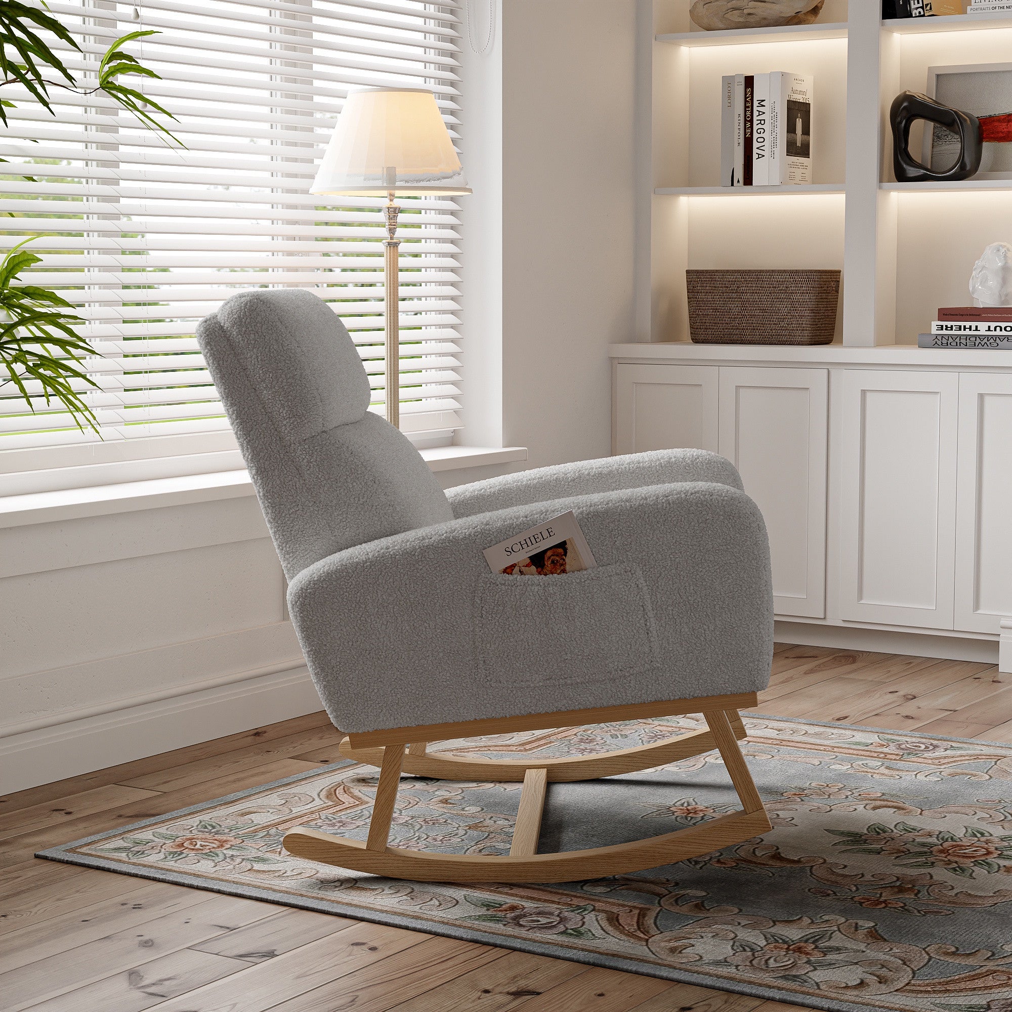 Fauteuil à Bascule - Confort Ergonomique - avec Poches Latérales et Bois Massif - 69.2x78.5x87cm - en Tissu Bouclée Gris Clair - 3