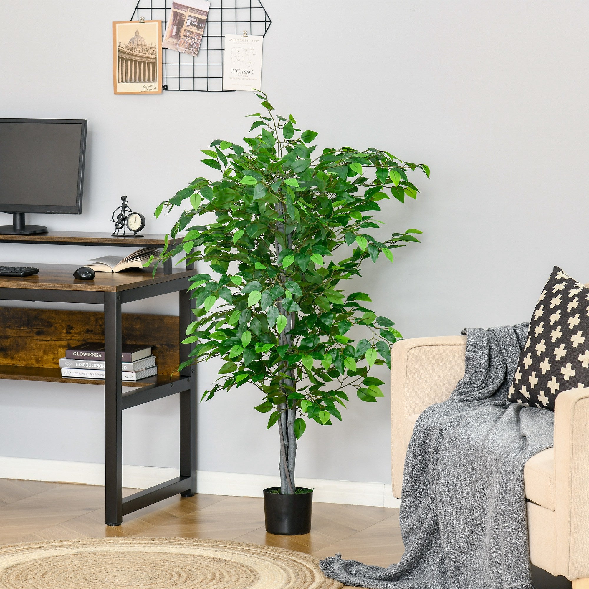 Arbre artificiel, ficus, aspect réaliste, pot en ciment, 135 cm, facile d'entretien, plastique, vert - 4