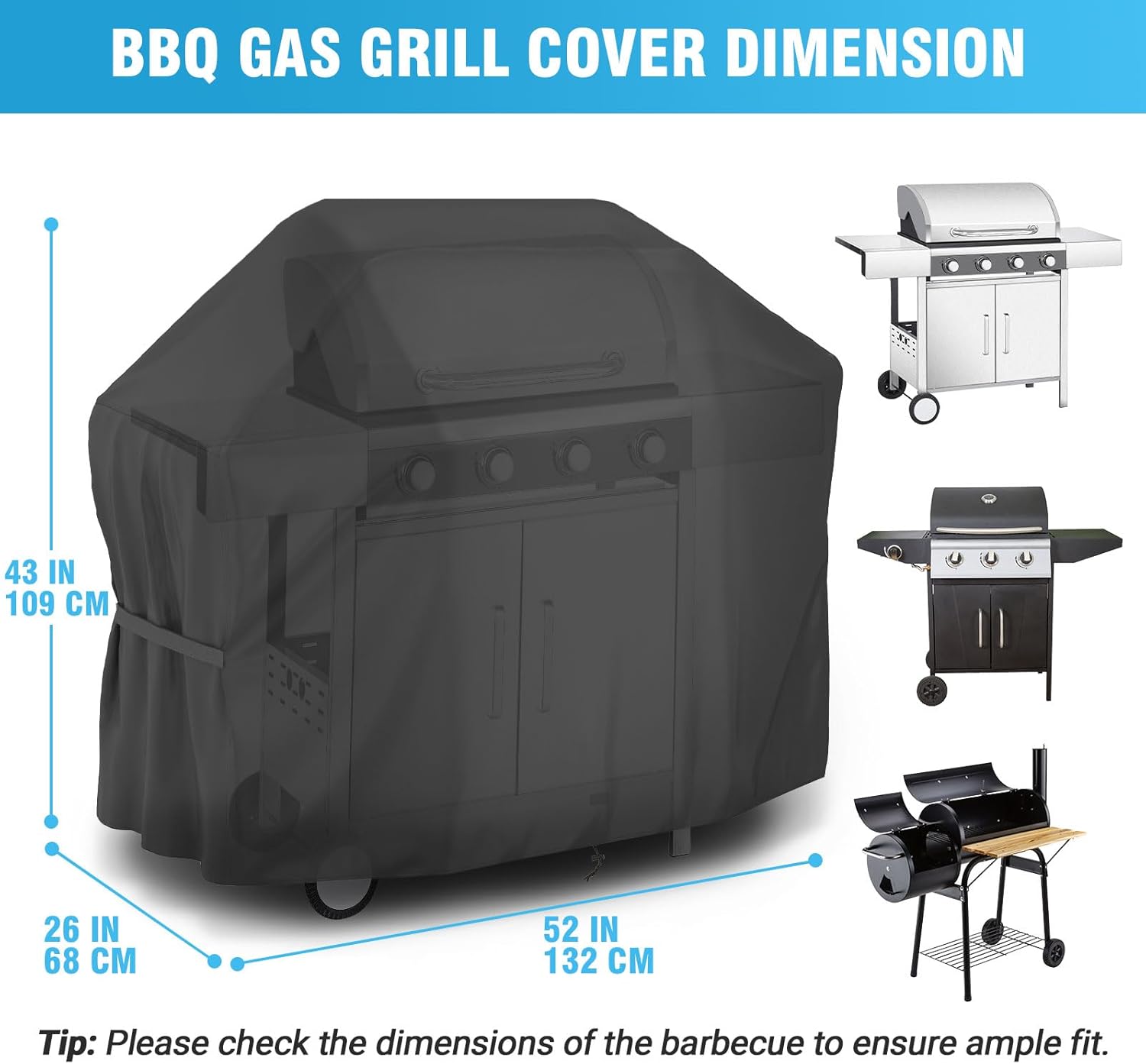 Wodoodporny pokrowiec na grilla (132 x 68 x 109 cm), Oxford 210D, odporny na rozdarcia, czarny