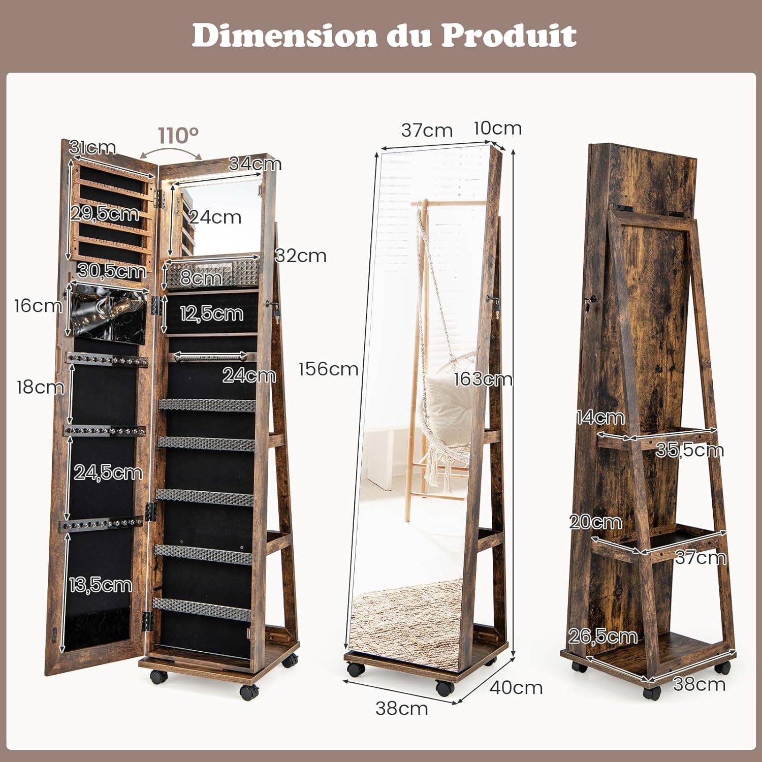 Armoire à Bijoux sur Pieds Mobile avec Miroir Psyché sans Cadre, Lumières LED et Miroir de Maquillage Intégré, Verrouillable, Café - 2
