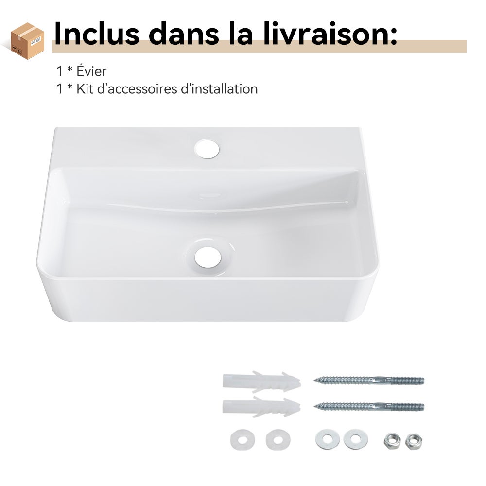 Lavabo mural en céramique blanche - Rectangulaire lavabo suspendu 46 x 30.5 cm - Avec trou pour robinet sans trop-plein - Lavabo à poser HOROW - 8
