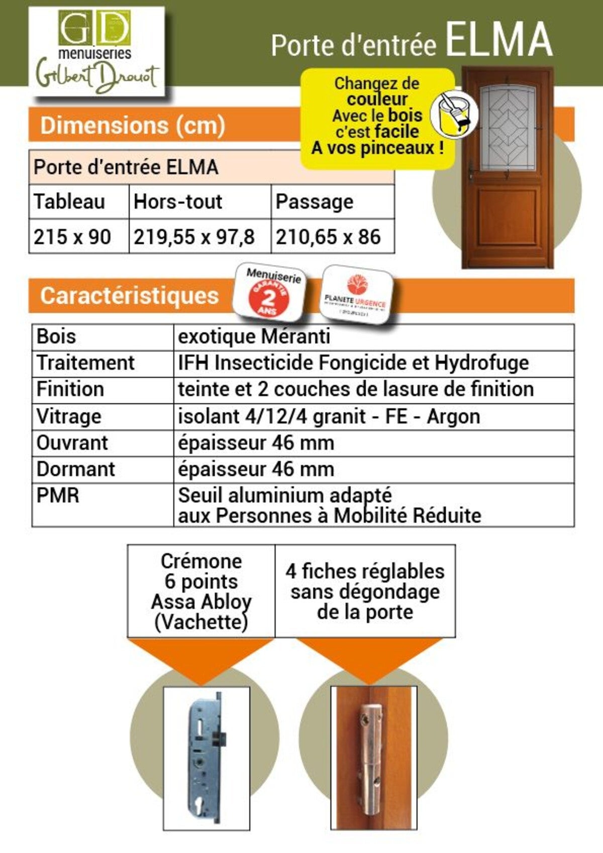 Porte D'entrée Bois Vitrée Elsie, Vert Gris Olive, H215 X L90 Cm Côte Tableau, P.droit Gd Menuiseries - 4