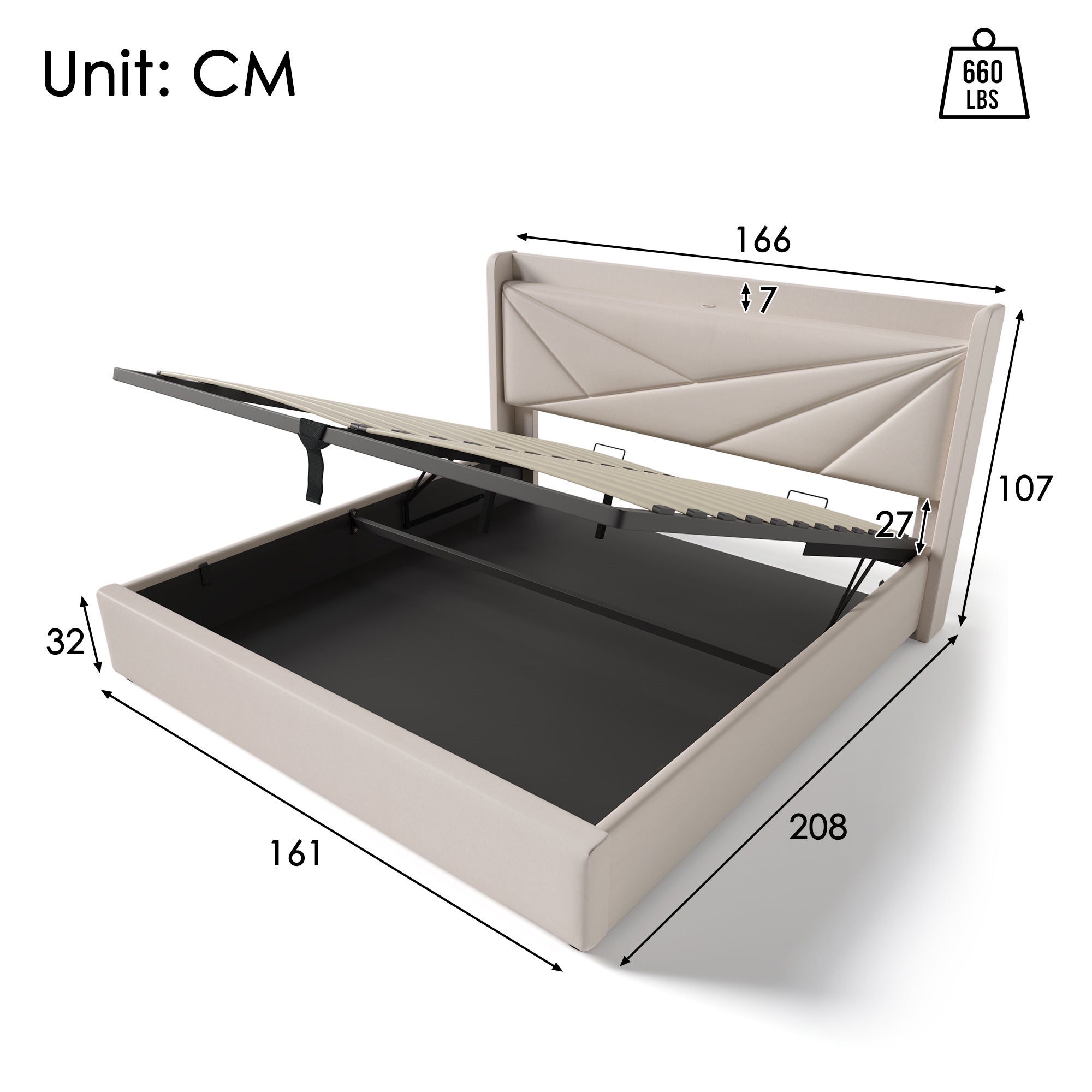 Cama contenedor de tela de lino 160x200 cm - con puerto USB y somier - Beige - 5