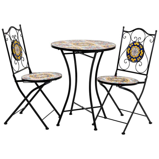 Ensemble table et deux chaises en mosaïque noire et fer forgé table : D60x75h - chaise (2) : D38x46-90h