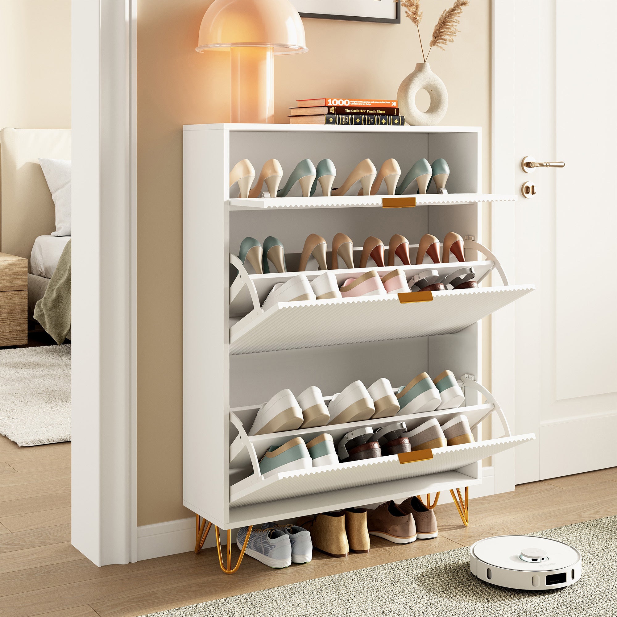Meuble à Chaussures Étroit avec 2 Battants, Armoire à chaussures avec Étagères Réglables Meuble de Rangement à Chaussures avec Tiroir, Blanc - 8