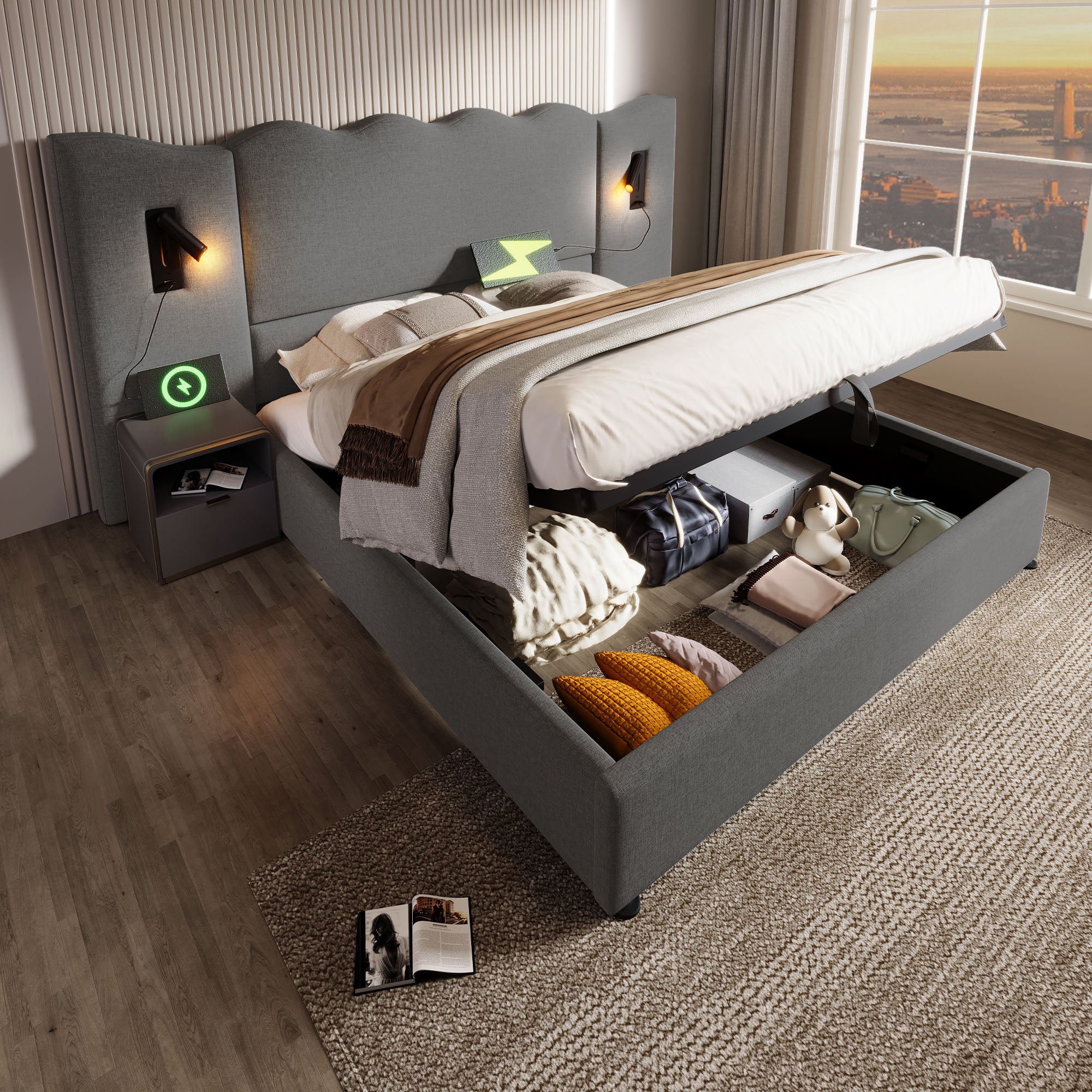 Lit double rembourré 180×200 cm avec lampe de lecture et fonction de charge USB Type-C, bois massif et métal, gris, sans matelas - 3