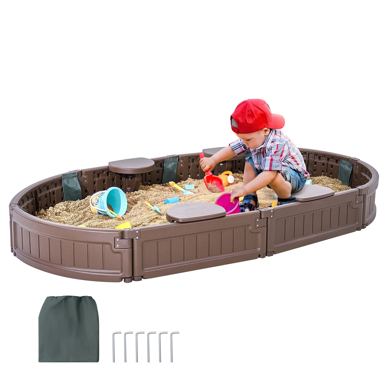 Caixa de areia com tampa SucceBuy 72 x 41,5 x 9,1 po,ovalada,em PEHD,4 assentos de canto e revestimento inferior para jardim,praia,parque - 3