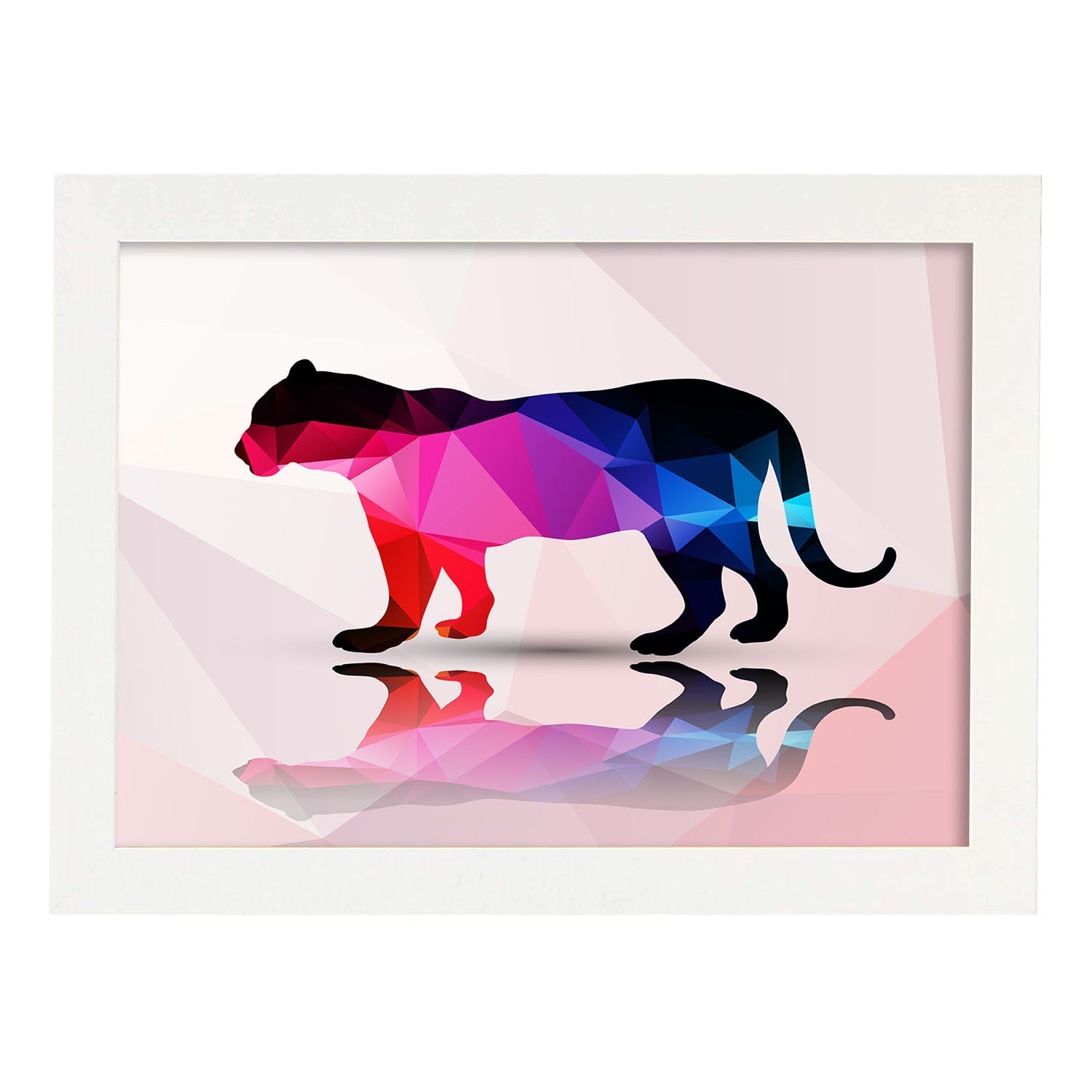 Poster de animales geometricos con fondos a color. lamina tigre, ilustrada con formas geometricas, y con un colorido fondo. marco blanco - a3